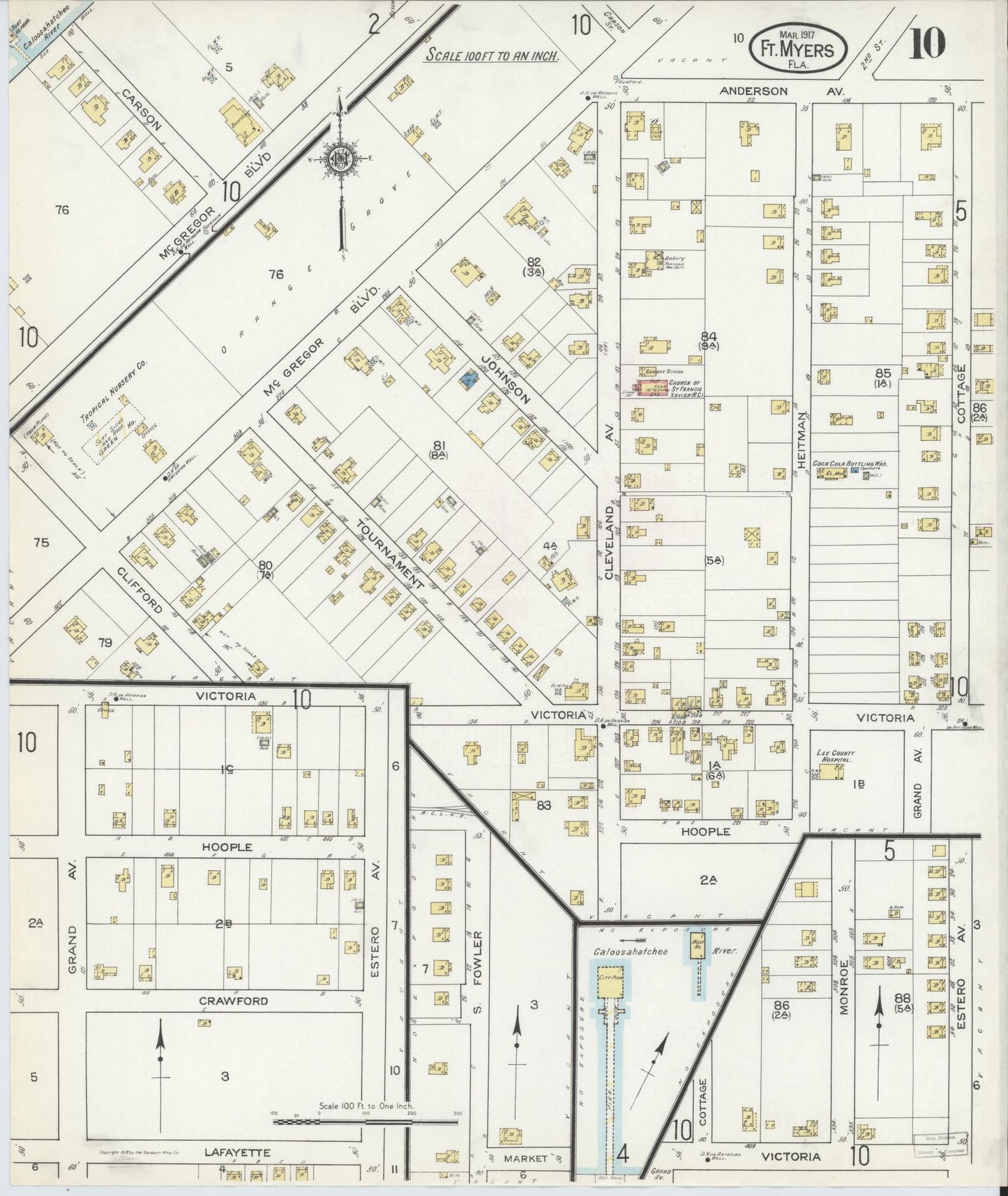 Sanborn Fire Insurance Map from Fort Myers, Lee County, Florida (1917), Sheet #0010 - Complete Map Set gallery image, historic Sanborn map, vintage wall art, Florida Florida