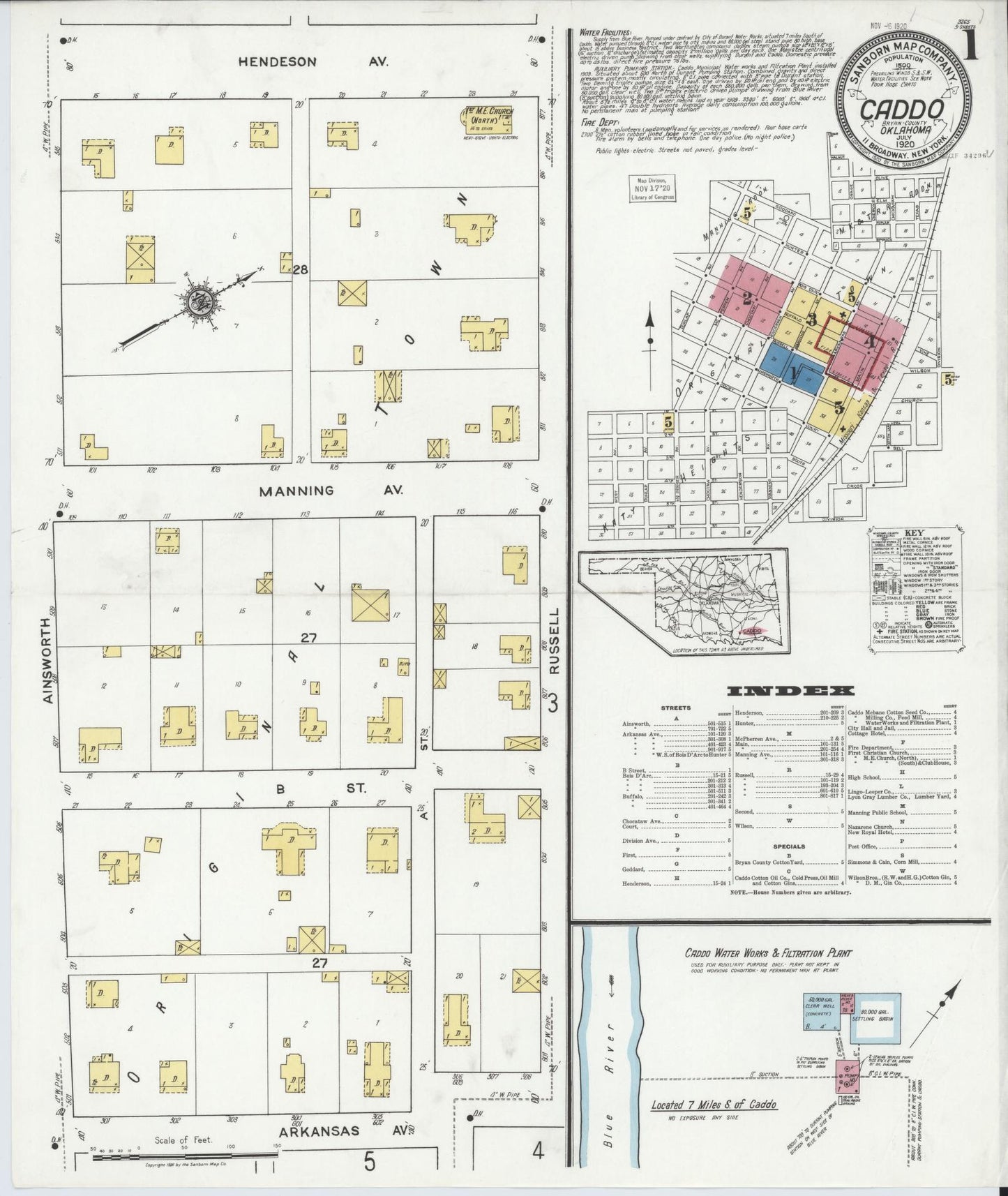 Sanborn Fire Insurance Map from Caddo, Bryan County, Oklahoma (1920), Sheet #0001 - Historic Sanborn Fire Insurance Map Print, vintage old map wall art, antique decor, genealogy gift, Oklahoma Oklahoma map