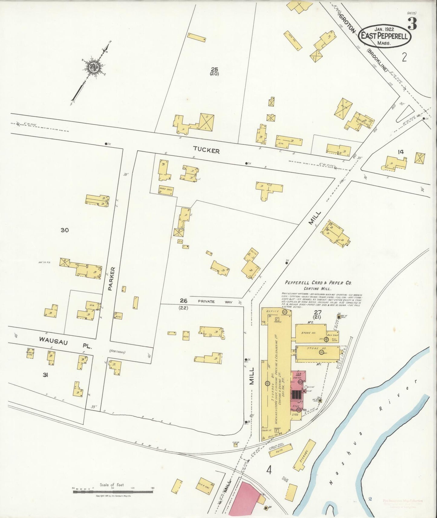 Sanborn Fire Insurance Map from East Pepperell, Middlesex County, Massachusetts (1922), Sheet #0003 - Historic Sanborn Fire Insurance Map Print, vintage old map wall art, antique decor, genealogy gift, Massachusetts Massachusetts map