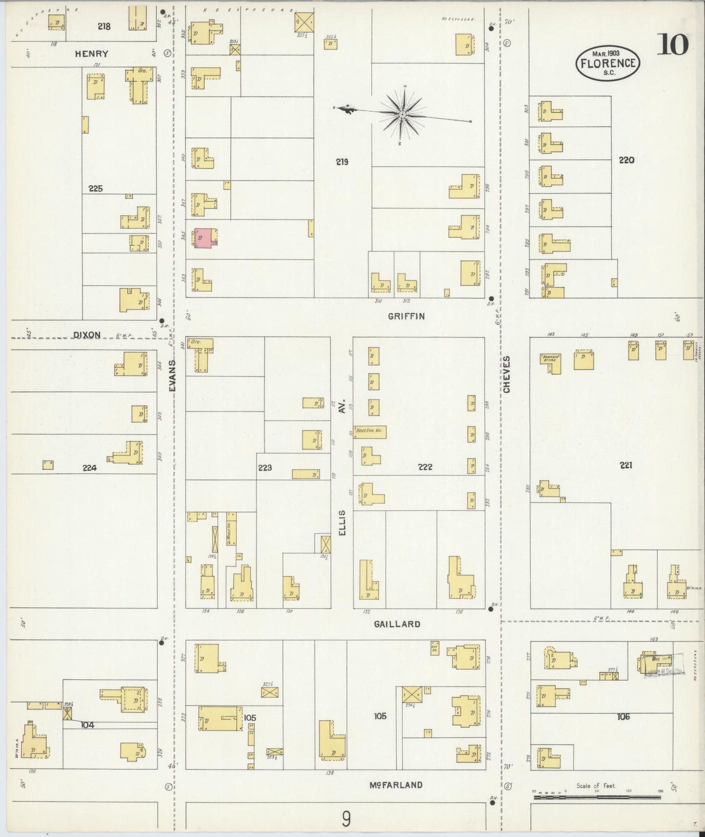 Sanborn Fire Insurance Map from Florence, Florence County, South Carolina (1903), Sheet #0010 - Historic Sanborn Fire Insurance Map Print, vintage old map wall art, antique decor, genealogy gift, South Carolina South Carolina map