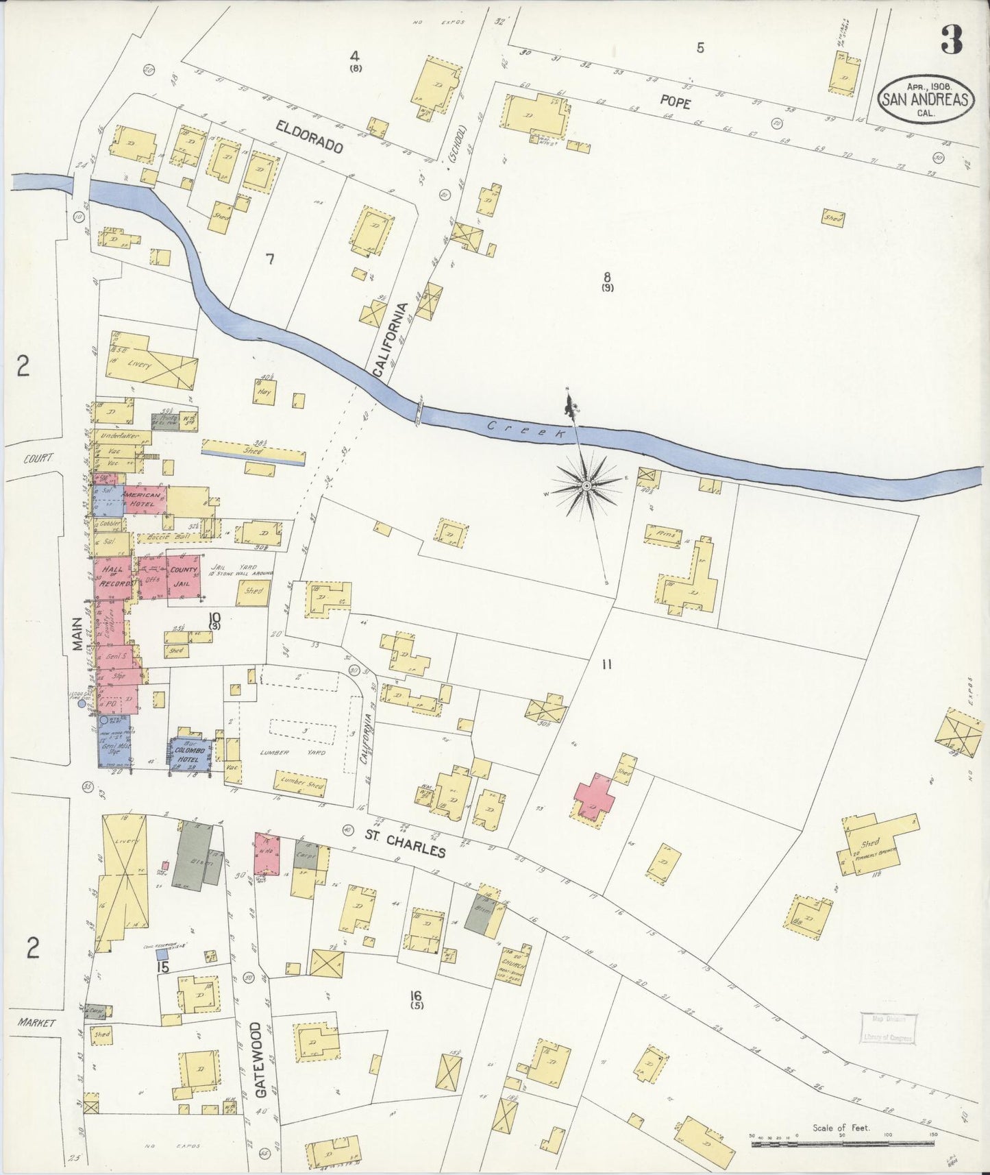 Sanborn Fire Insurance Map from San Andreas, Calaveras County, California (1908), Sheet #0003 - Complete Map Set gallery image, historic Sanborn map, vintage wall art, California California
