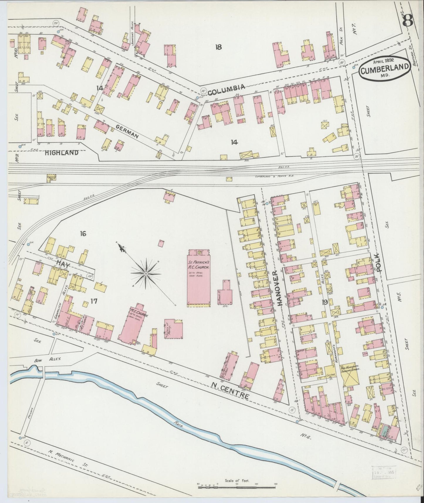 Sanborn Fire Insurance Map from Cumberland, Allegany County, Maryland (1892), Sheet #0008 - Historic Sanborn Fire Insurance Map Print, vintage old map wall art, antique decor, genealogy gift, Maryland Maryland map