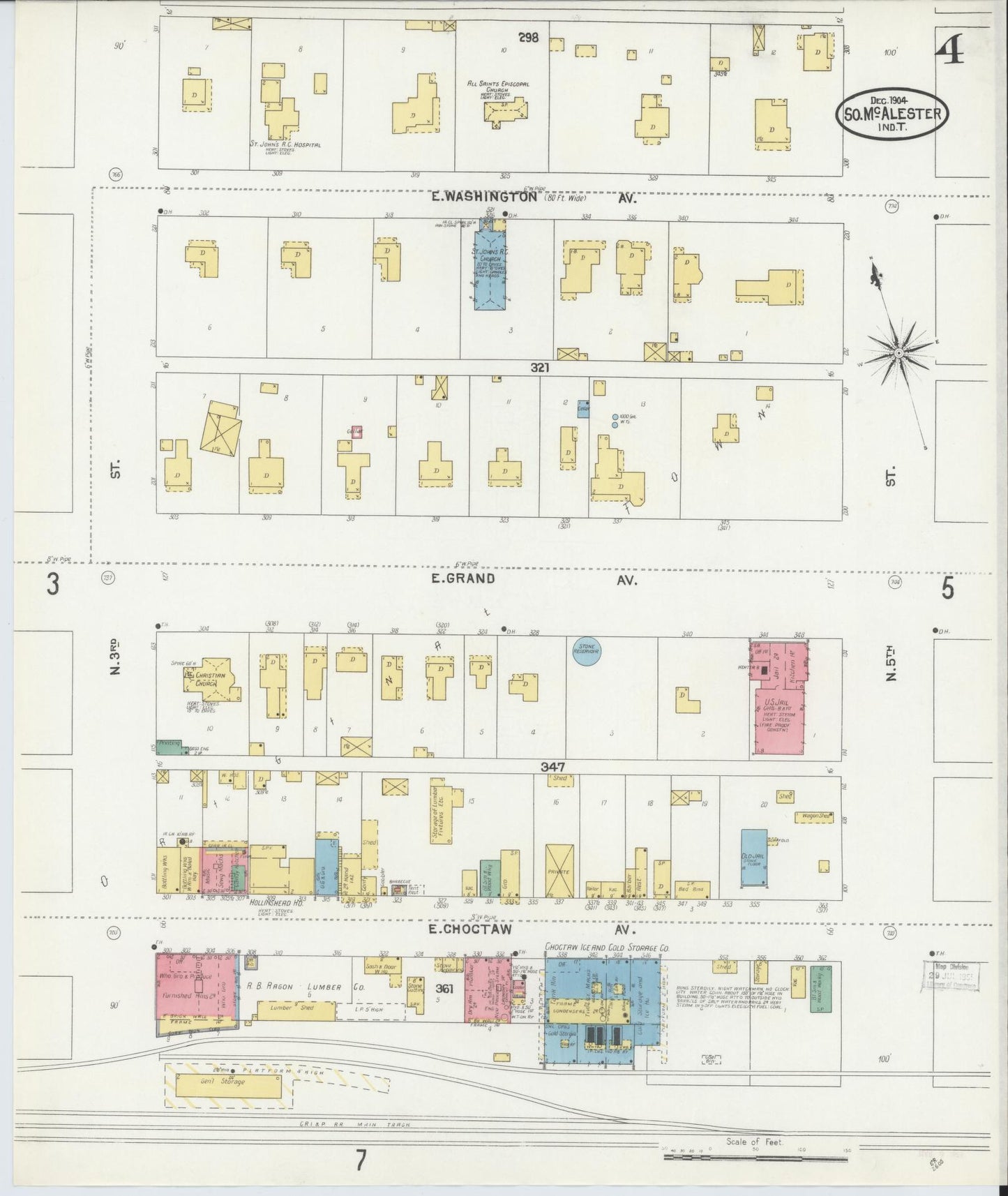 Sanborn Fire Insurance Map from South McAlester, Pittsburg County, Oklahoma (1904), Sheet #0004 - Historic Sanborn Fire Insurance Map Print, vintage old map wall art, antique decor, genealogy gift, Oklahoma Oklahoma map
