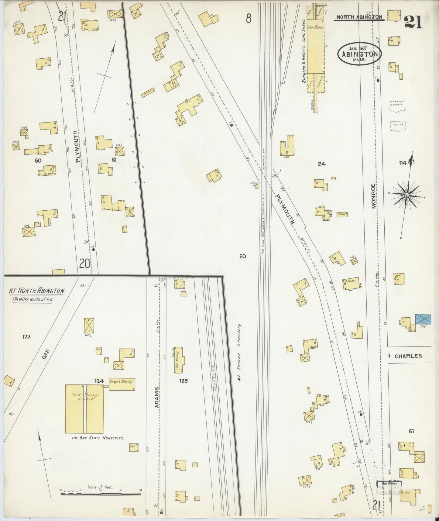 Sanborn Fire Insurance Map from Abington, Plymouth County, Massachusetts (1907), Sheet #0021 - Historic Sanborn Fire Insurance Map Print, vintage old map wall art, antique decor, genealogy gift, Massachusetts Massachusetts map