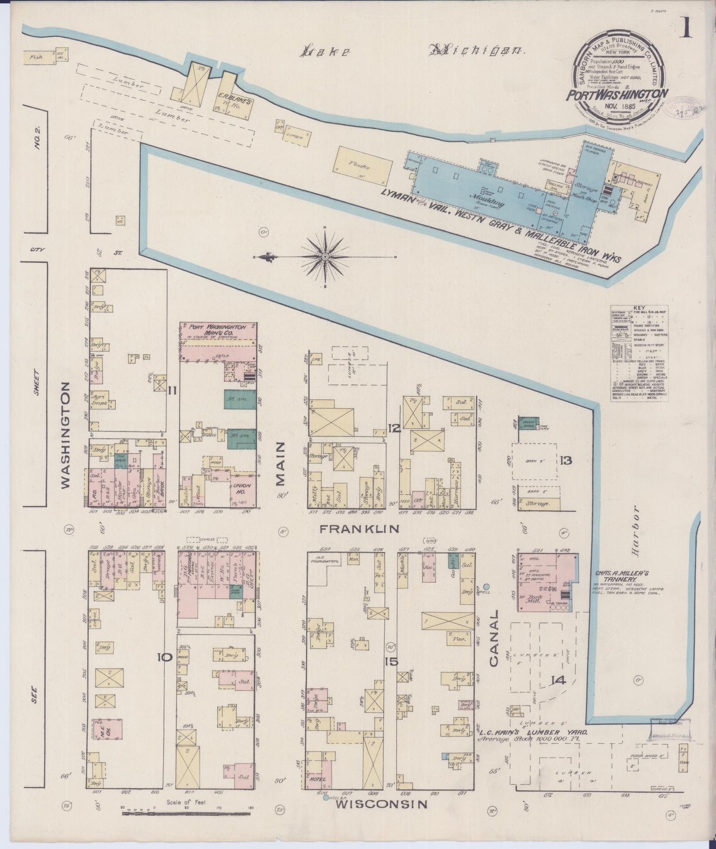Sanborn Fire Insurance Map from Port Washington, Ozaukee County, Wisconsin (1885), Sheet #0001 - Historic Sanborn Fire Insurance Map Print, vintage old map wall art, antique decor, genealogy gift, Wisconsin Wisconsin map