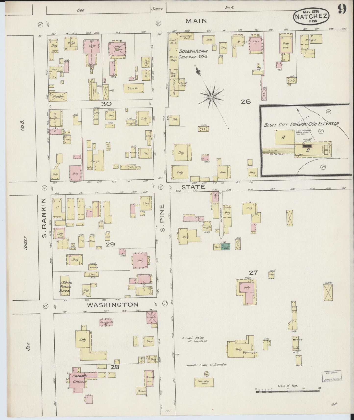 Sanborn Fire Insurance Map from Natchez, Adams County, Mississippi (1886), Sheet #0009 - Historic Sanborn Fire Insurance Map Print, vintage old map wall art, antique decor, genealogy gift, Mississippi Mississippi map
