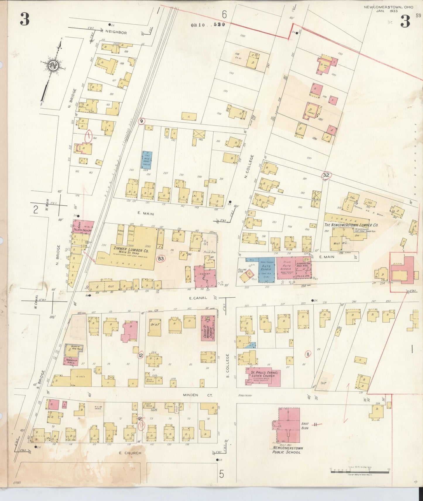 Sanborn Fire Insurance Map from Newcomerstown, Tuscarawas County, Ohio (1933), Sheet #0003 - Historic Sanborn Fire Insurance Map Print, vintage old map wall art, antique decor, genealogy gift, Ohio Ohio map