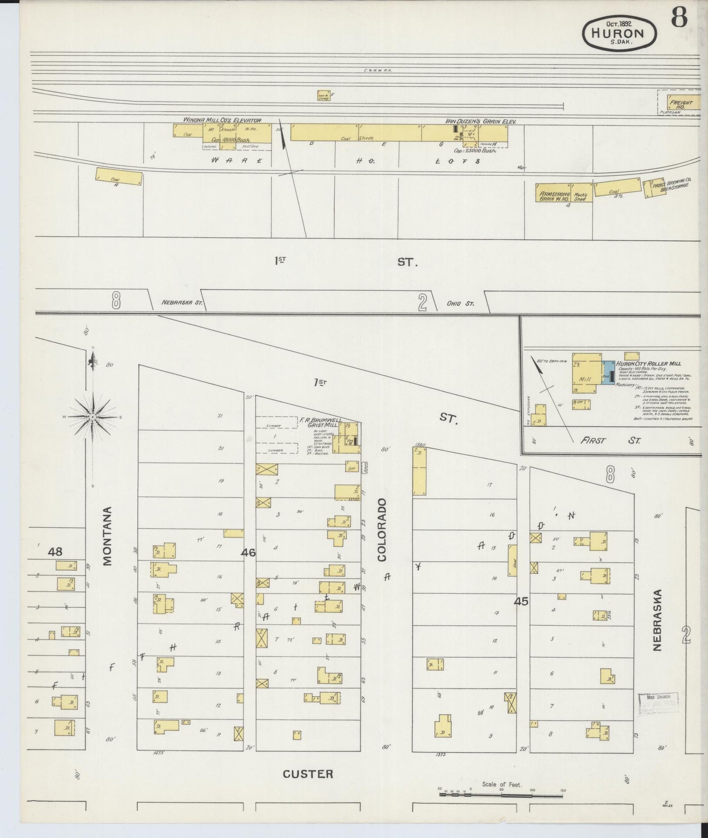 Sanborn Fire Insurance Map from Huron, Beadle County, South Dakota (1892), Sheet #0008 - Historic Sanborn Fire Insurance Map Print, vintage old map wall art, antique decor, genealogy gift, South Dakota South Dakota map