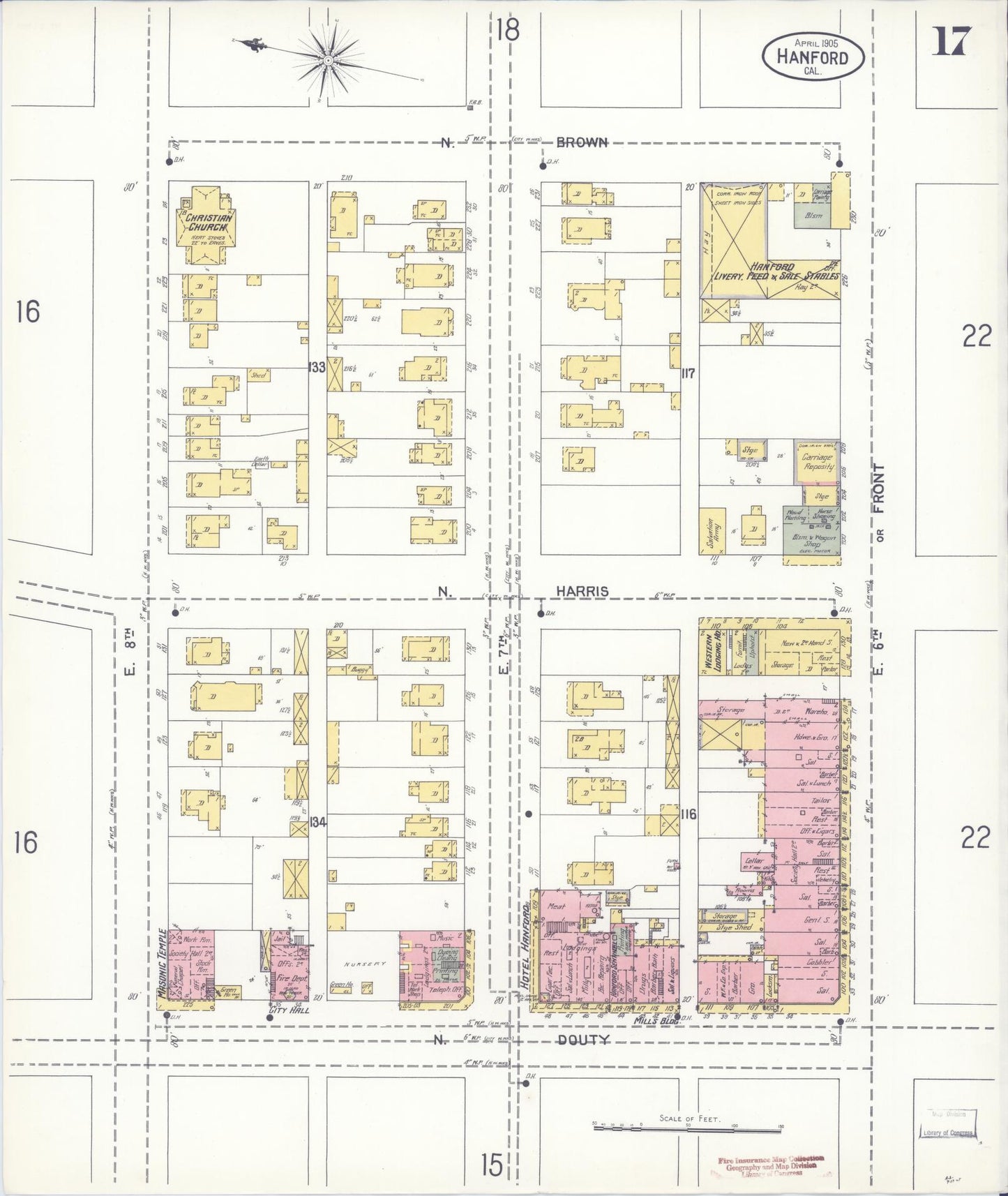 Sanborn Fire Insurance Map from Hanford, Kings County, California (1905), Sheet #0017 - Historic Sanborn Fire Insurance Map Print, vintage old map wall art, antique decor, genealogy gift, California California map