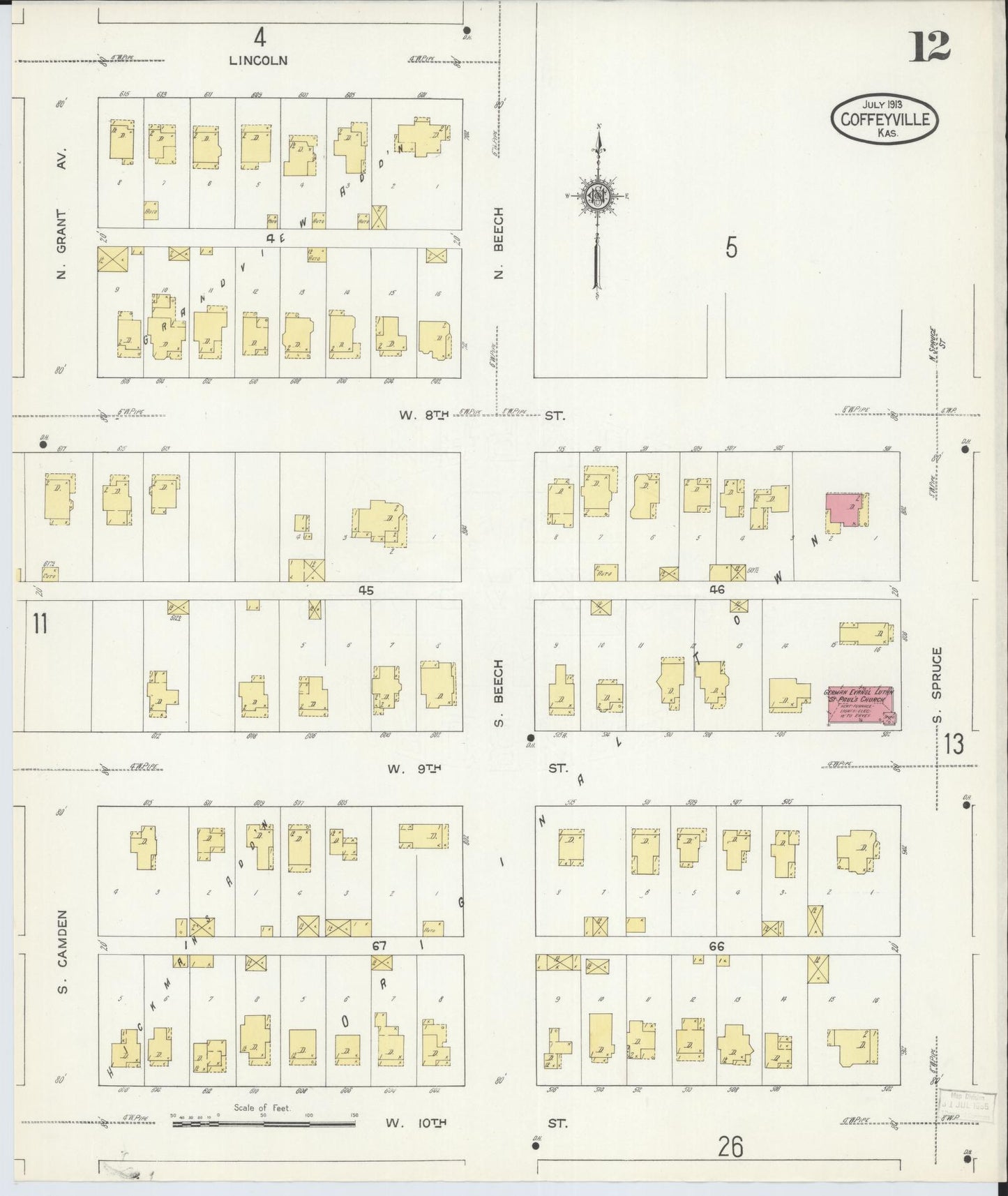 Sanborn Fire Insurance Map from Coffeyville, Montgomery County, Kansas (1913), Sheet #0012 - Historic Sanborn Fire Insurance Map Print, vintage old map wall art, antique decor, genealogy gift, Kansas Kansas map
