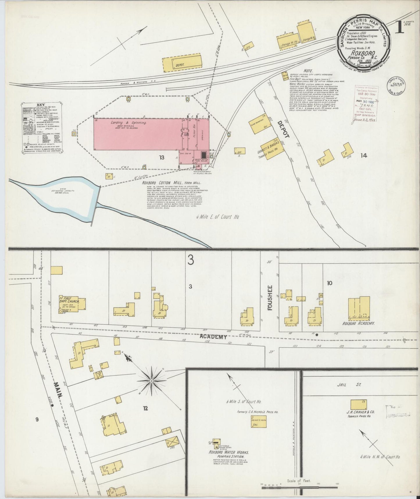 Sanborn Fire Insurance Map from Roxboro, Person County, North Carolina (1900), Sheet #0001 - Historic Sanborn Fire Insurance Map Print, vintage old map wall art, antique decor, genealogy gift, North Carolina North Carolina map