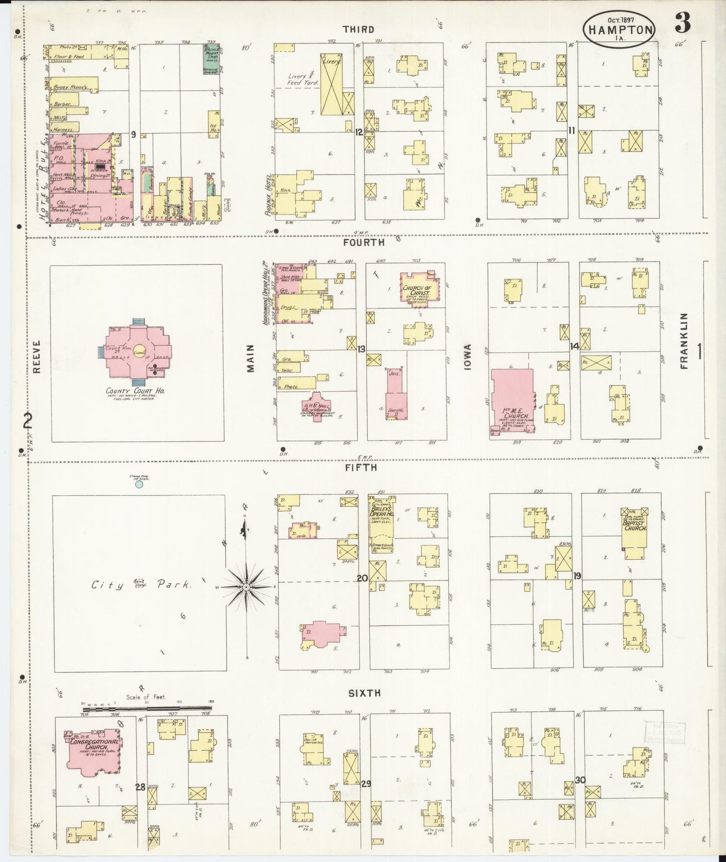 Sanborn Fire Insurance Map from Hampton, Franklin County, Iowa (1897), Sheet #0003 - Historic Sanborn Fire Insurance Map Print, vintage old map wall art