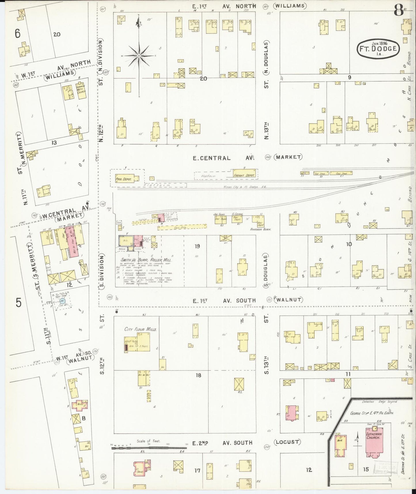Sanborn Fire Insurance Map from Fort Dodge, Webster County, Iowa (1896), Sheet #0008 - Historic Sanborn Fire Insurance Map Print, vintage old map wall art