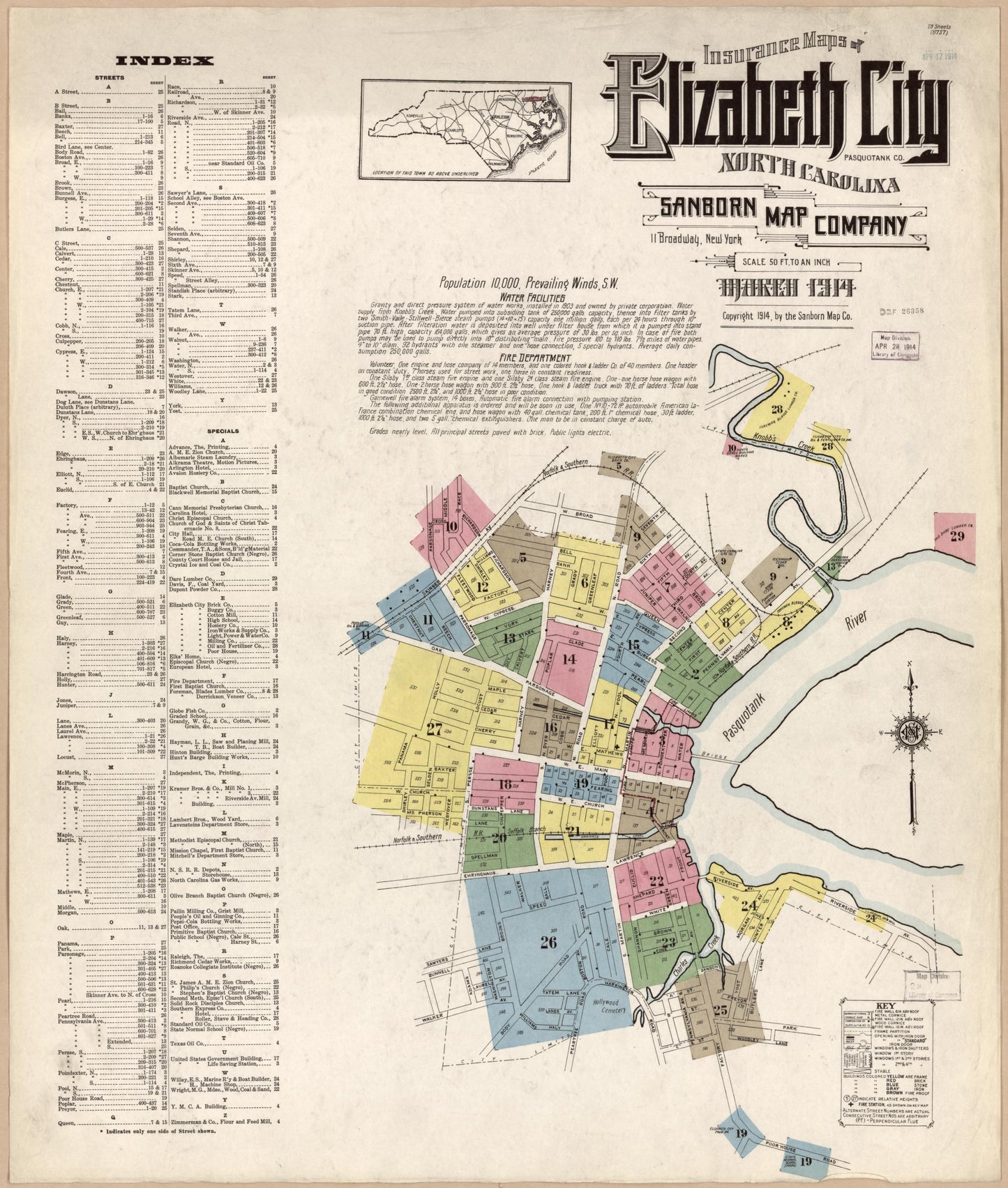 Sanborn Fire Insurance Map from Elizabeth City, Pasquotank County, North Carolina (1914), Sheet #0001 - Historic Sanborn Fire Insurance Map Print, vintage old map wall art, antique decor, genealogy gift, North Carolina North Carolina map