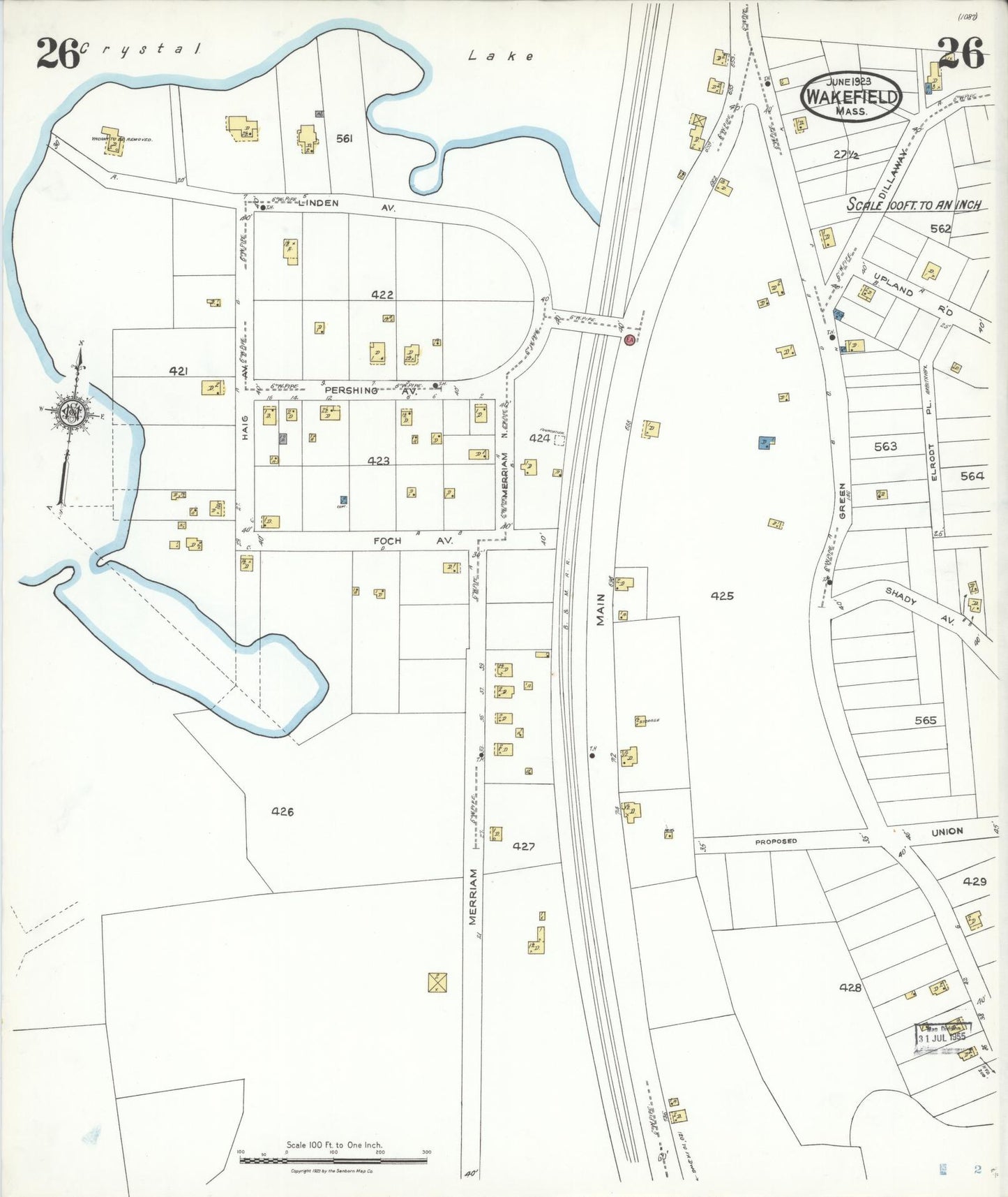 Sanborn Fire Insurance Map from Wakefield, Middlesex County, Massachusetts (1923), Sheet #0026 - Historic Sanborn Fire Insurance Map Print, vintage old map wall art, antique decor, genealogy gift, Massachusetts Massachusetts map