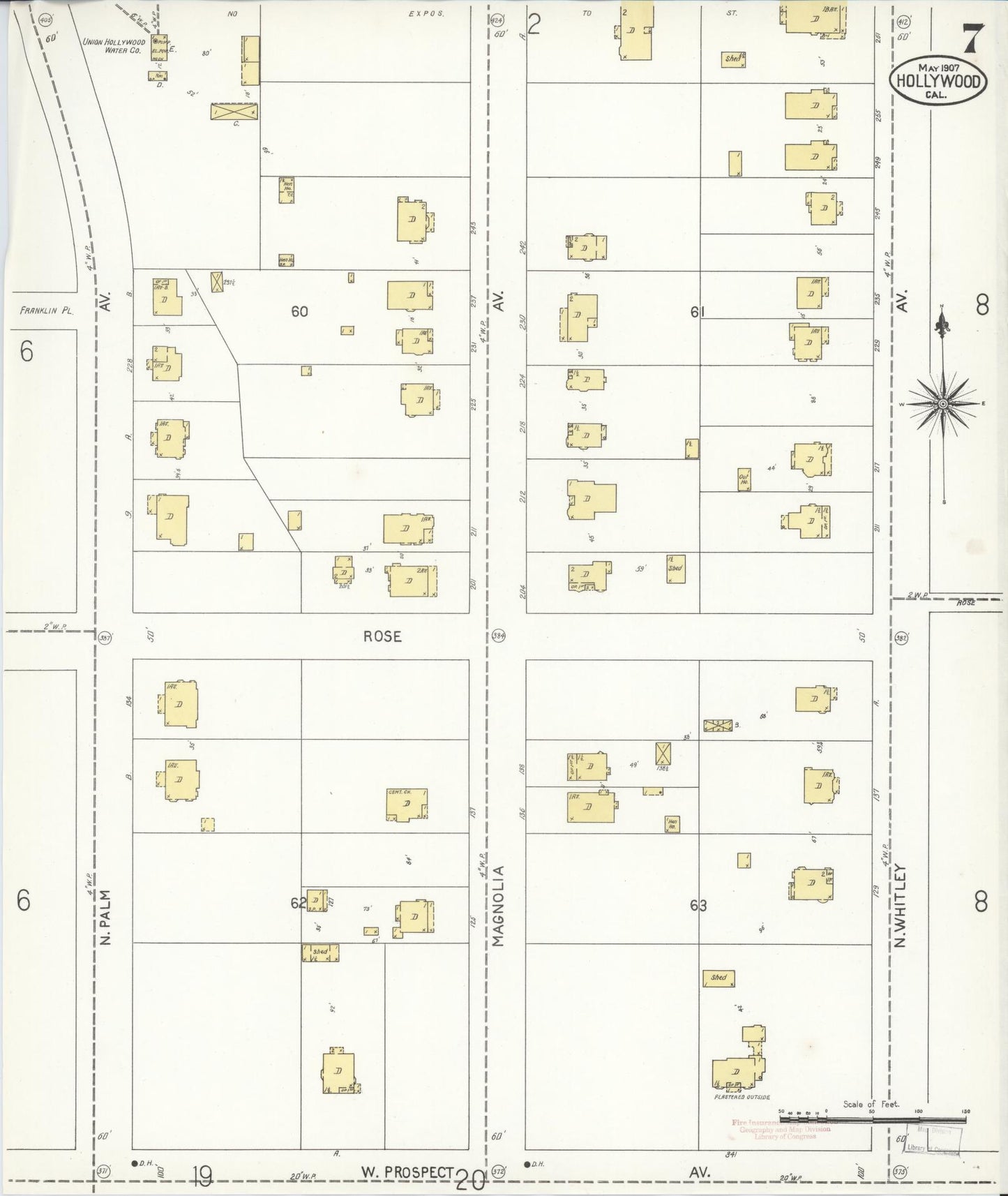 Sanborn Fire Insurance Map from Hollywood, Los Angeles County, California (1907), Sheet #0007 - Historic Sanborn Fire Insurance Map Print, vintage old map wall art, antique decor, genealogy gift, California California map