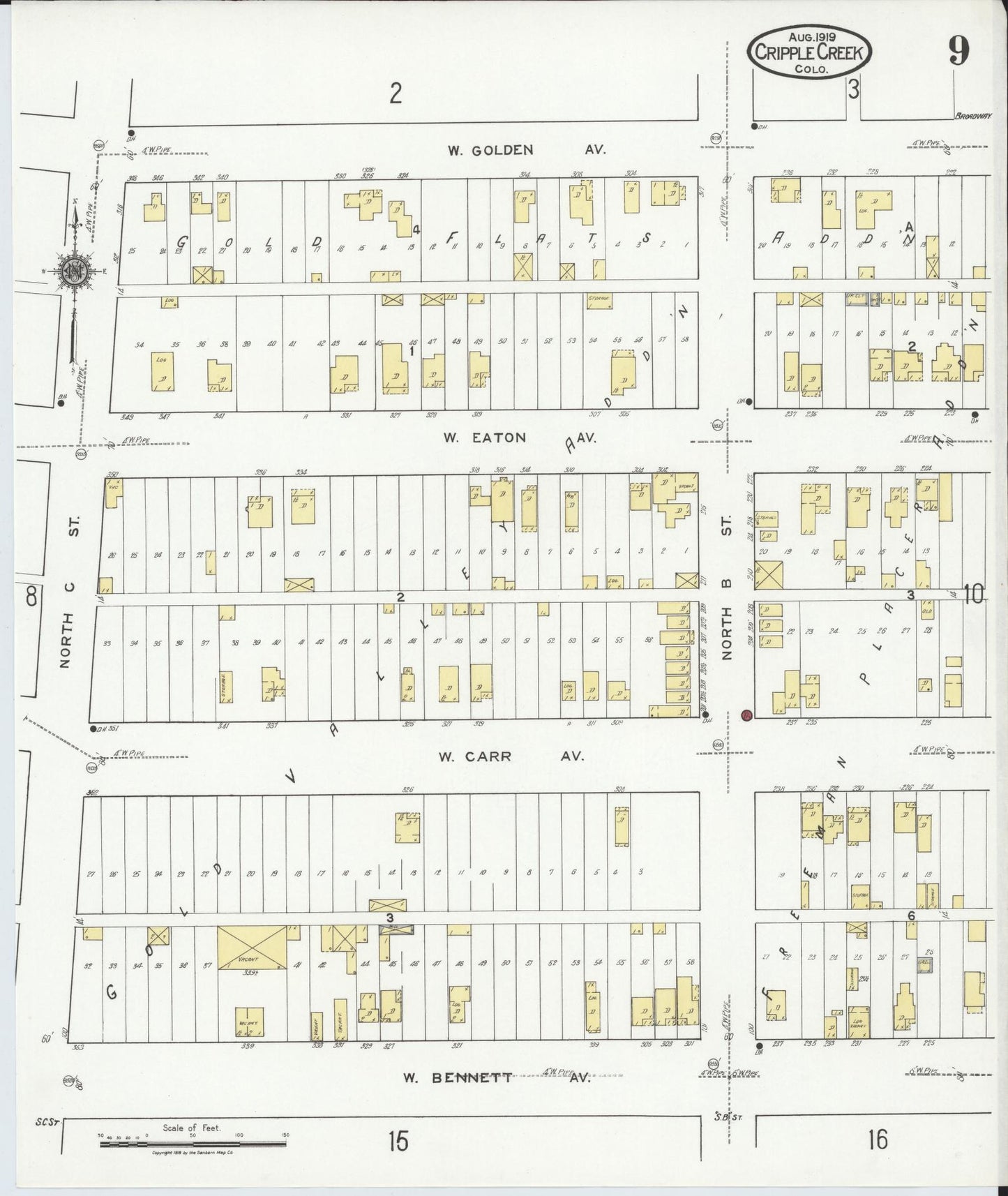 Sanborn Fire Insurance Map from Cripple Creek, Teller County, Colorado (1919), Sheet #0009 - Historic Sanborn Fire Insurance Map Print, vintage old map wall art, antique decor, genealogy gift, Colorado Colorado map