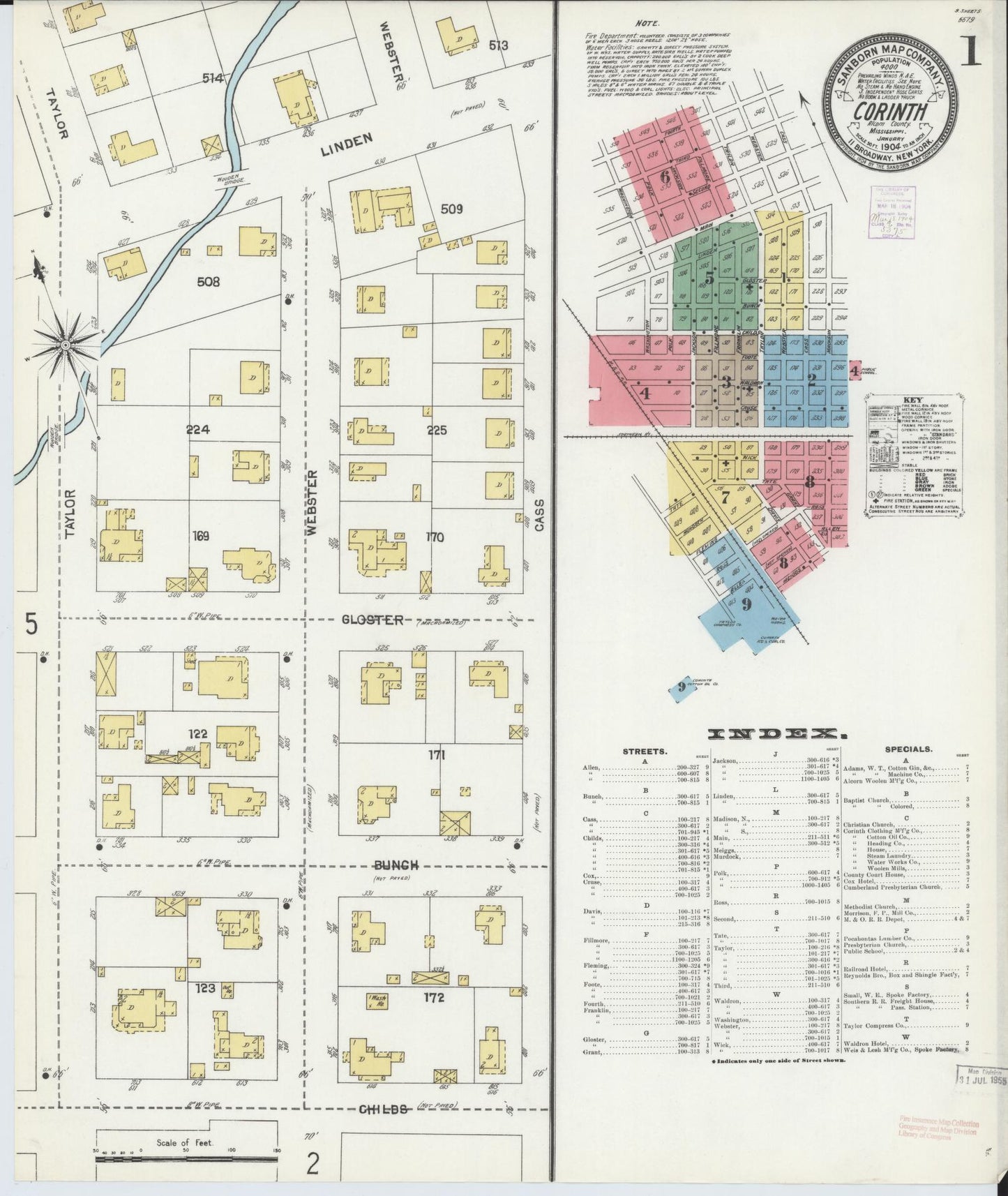Sanborn Fire Insurance Map from Corinth, Alcorn County, Mississippi (1904), Sheet #0001 - Historic Sanborn Fire Insurance Map Print, vintage old map wall art, antique decor, genealogy gift, Mississippi Mississippi map