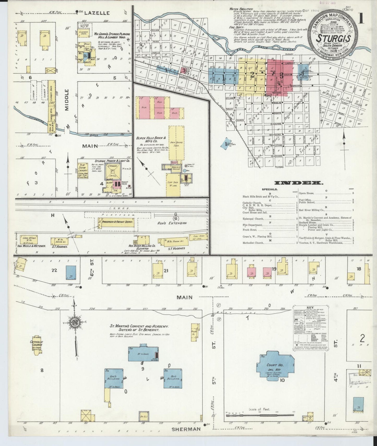 Sanborn Fire Insurance Map from Sturgis, Meade County, South Dakota (1909), Sheet #0001 - Historic Sanborn Fire Insurance Map Print, vintage old map wall art, antique decor, genealogy gift, South Dakota South Dakota map