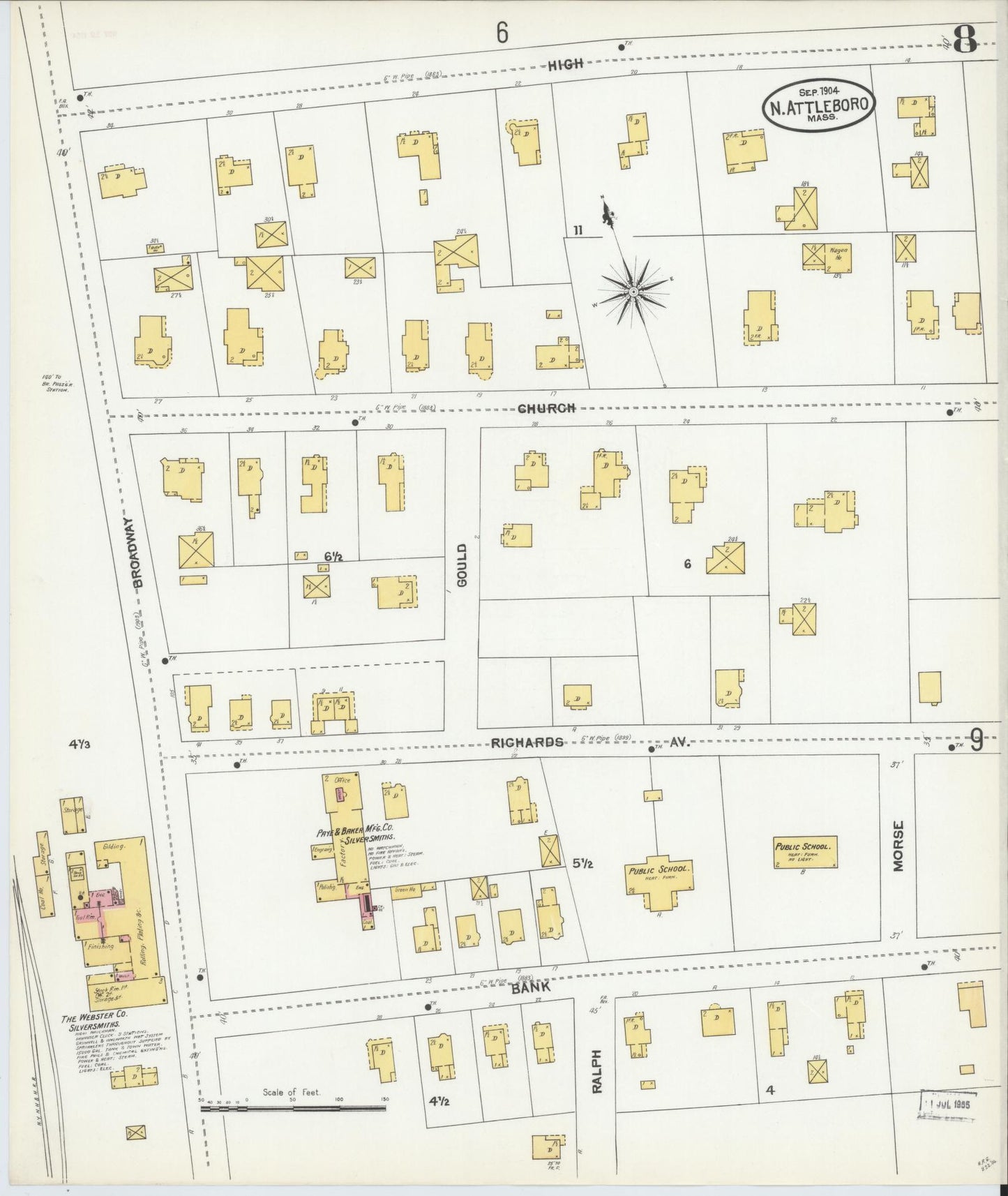 Sanborn Fire Insurance Map from North Attleborough, Bristol County, Massachusetts (1904), Sheet #0008 - Historic Sanborn Fire Insurance Map Print, vintage old map wall art, antique decor, genealogy gift, Massachusetts Massachusetts map