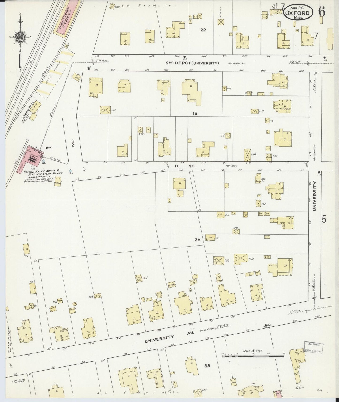 Sanborn Fire Insurance Map from Oxford, Lafayette County, Mississippi (1910), Sheet #0006 - Historic Sanborn Fire Insurance Map Print, vintage old map wall art, antique decor, genealogy gift, Mississippi Mississippi map