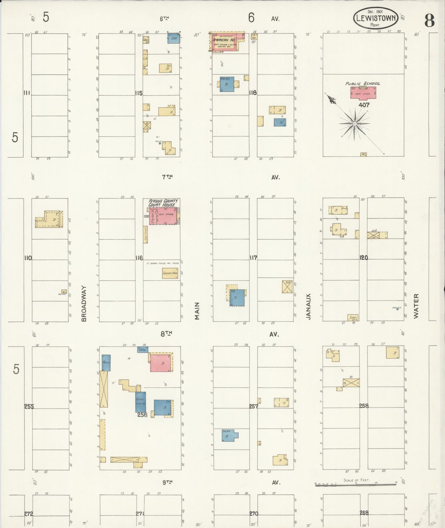 Sanborn Fire Insurance Map from Lewistown, Fergus County, Montana (1901), Sheet #0008 - Historic Sanborn Fire Insurance Map Print, vintage old map wall art, antique decor, genealogy gift, Montana Montana map