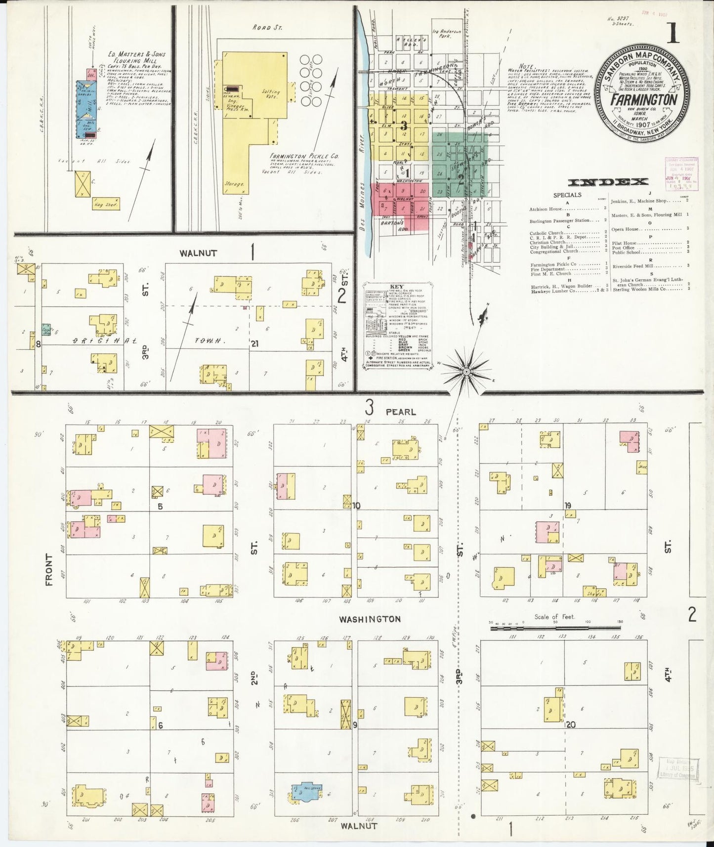 Sanborn Fire Insurance Map from Farmington, Van Buren County, Iowa (1907), Sheet #0001 - Historic Sanborn Fire Insurance Map Print, vintage old map wall art