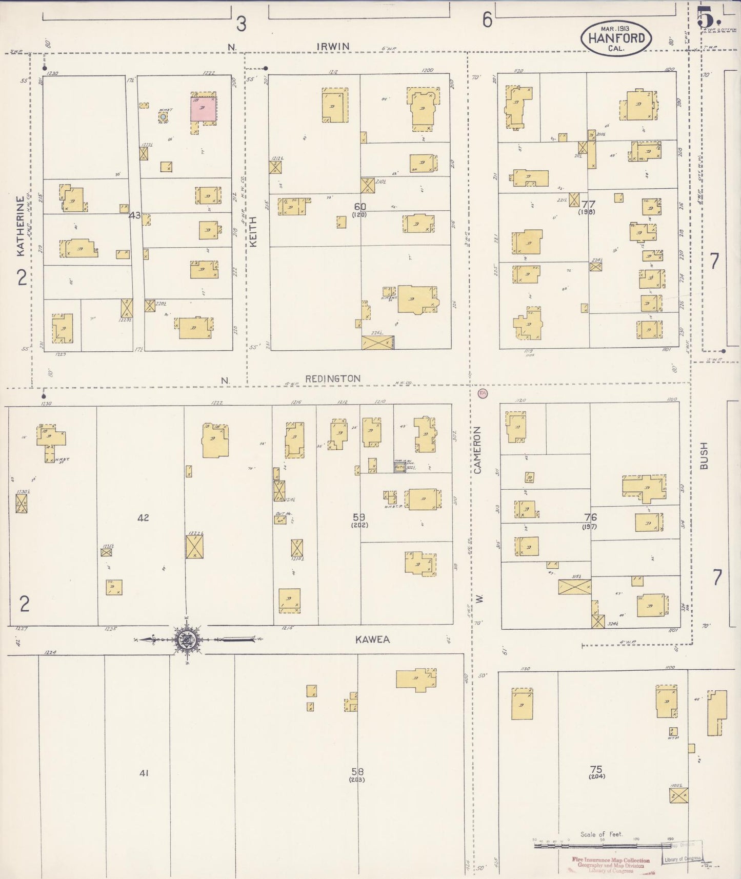 Sanborn Fire Insurance Map from Hanford, Kings County, California (1913), Sheet #0005 - Historic Sanborn Fire Insurance Map Print, vintage old map wall art, antique decor, genealogy gift, California California map