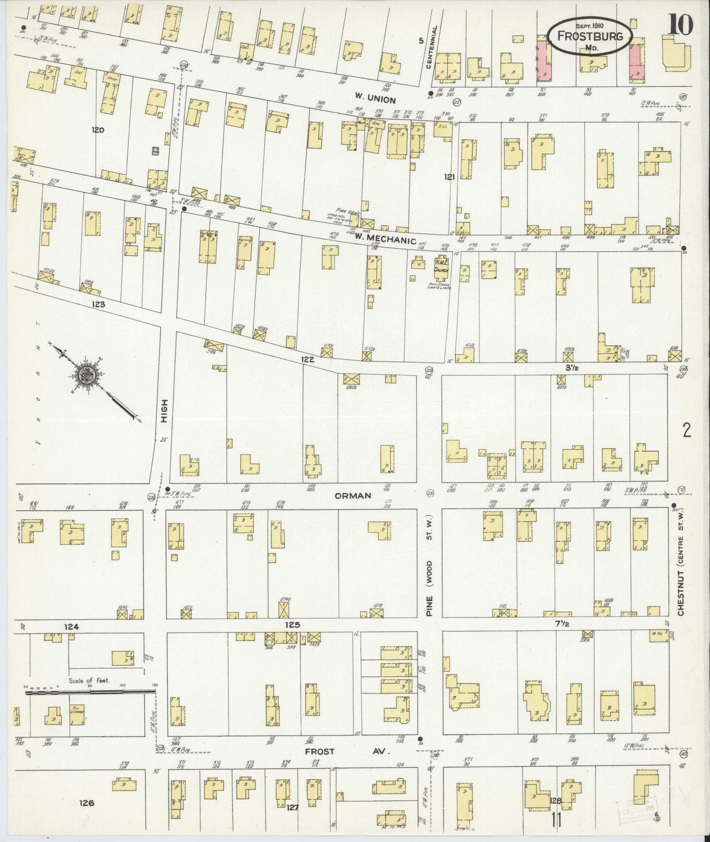 Sanborn Fire Insurance Map from Frostburg, Allegany County, Maryland (1910), Sheet #0010 - Historic Sanborn Fire Insurance Map Print, vintage old map wall art