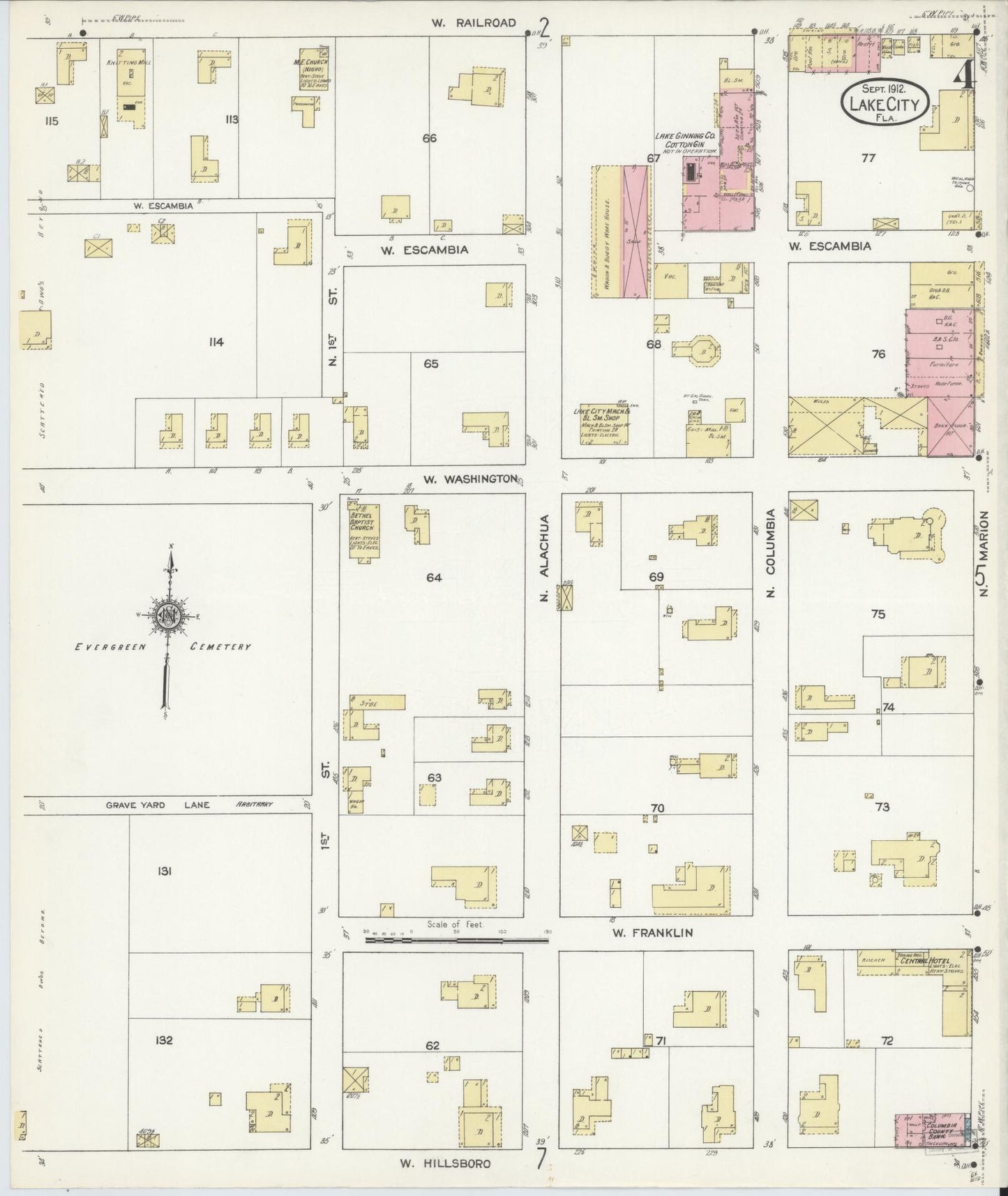 Sanborn Fire Insurance Map from Lake City, Columbia County, Florida (1912), Sheet #0004 - Historic Sanborn Fire Insurance Map Print, vintage old map wall art, antique decor, genealogy gift, Florida Florida map