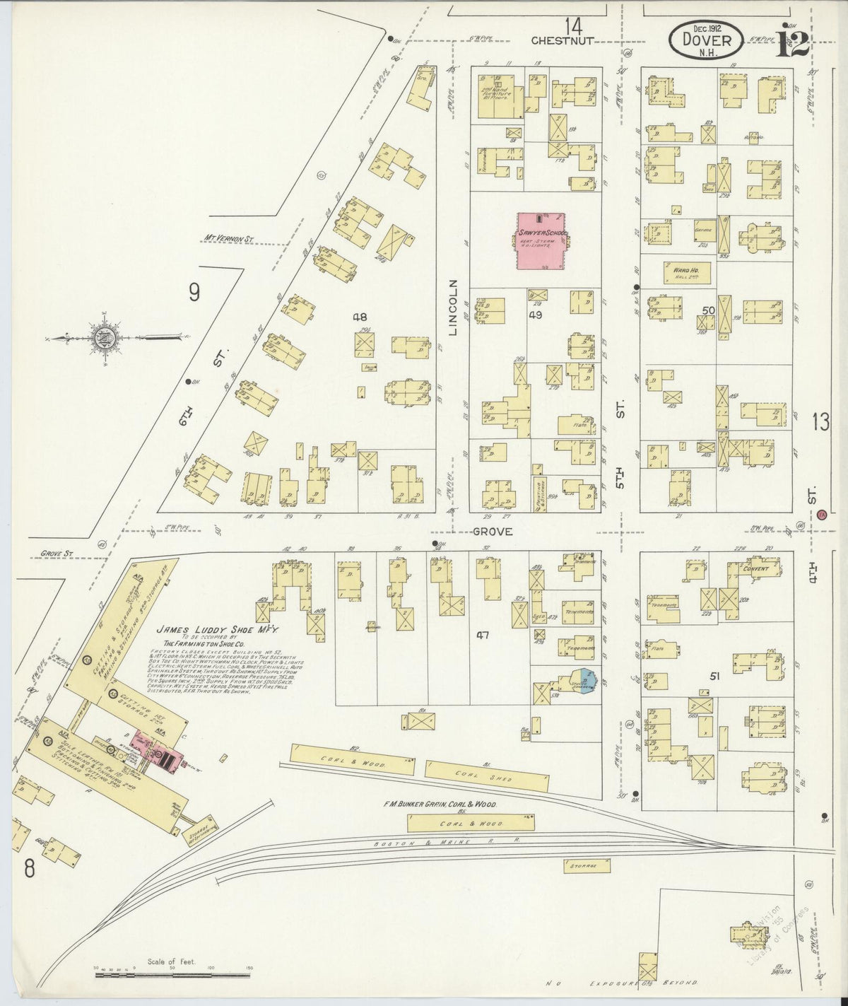 Sanborn Fire Insurance Map from Dover, Strafford County, New Hampshire (1912), Sheet #0012 - Historic Sanborn Fire Insurance Map Print, vintage old map wall art, antique decor, genealogy gift, New Hampshire New Hampshire map