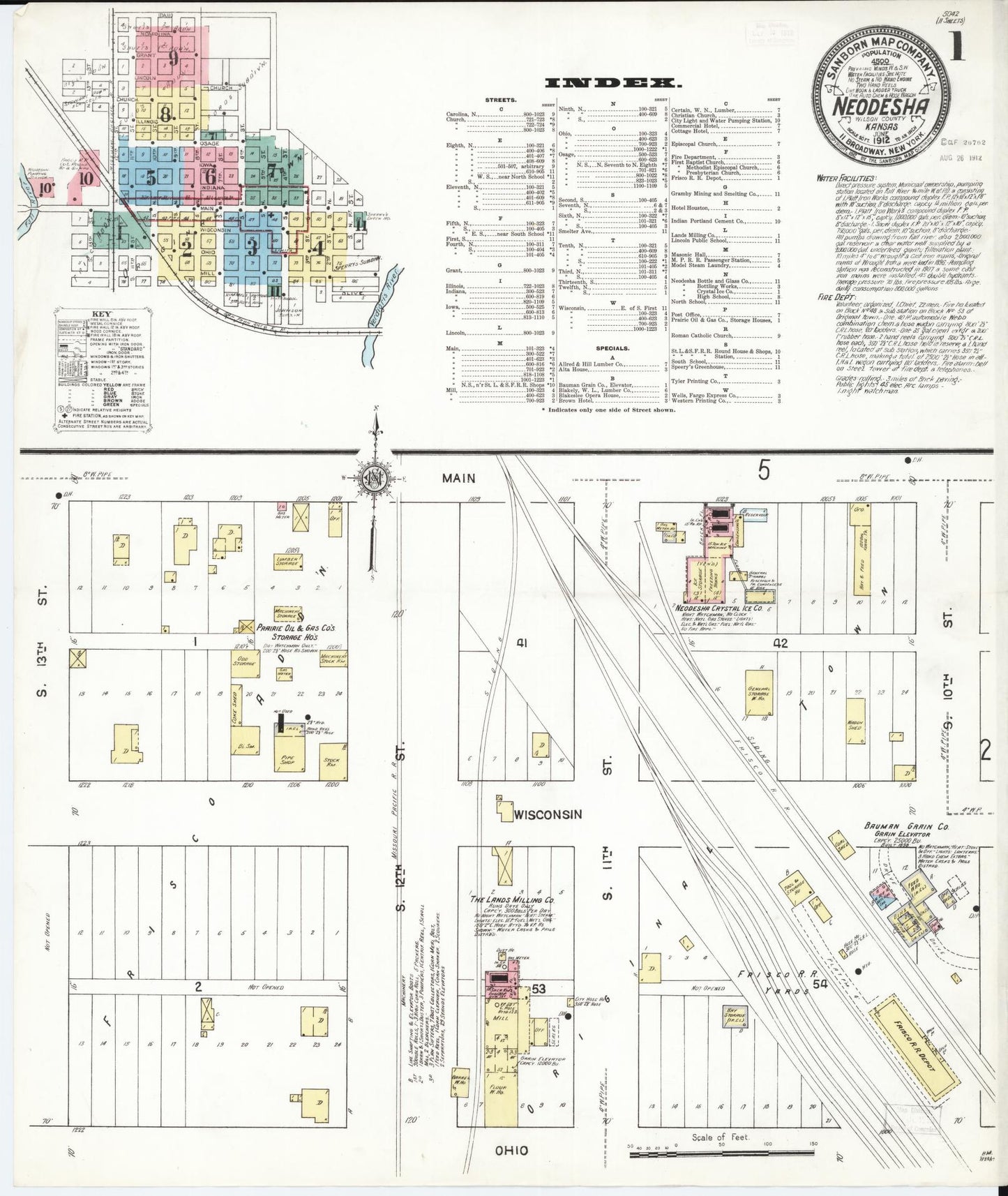 Sanborn Fire Insurance Map from Neodesha, Wilson County, Kansas (1912), Sheet #0001 - Historic Sanborn Fire Insurance Map Print, vintage old map wall art, antique decor, genealogy gift, Kansas Kansas map
