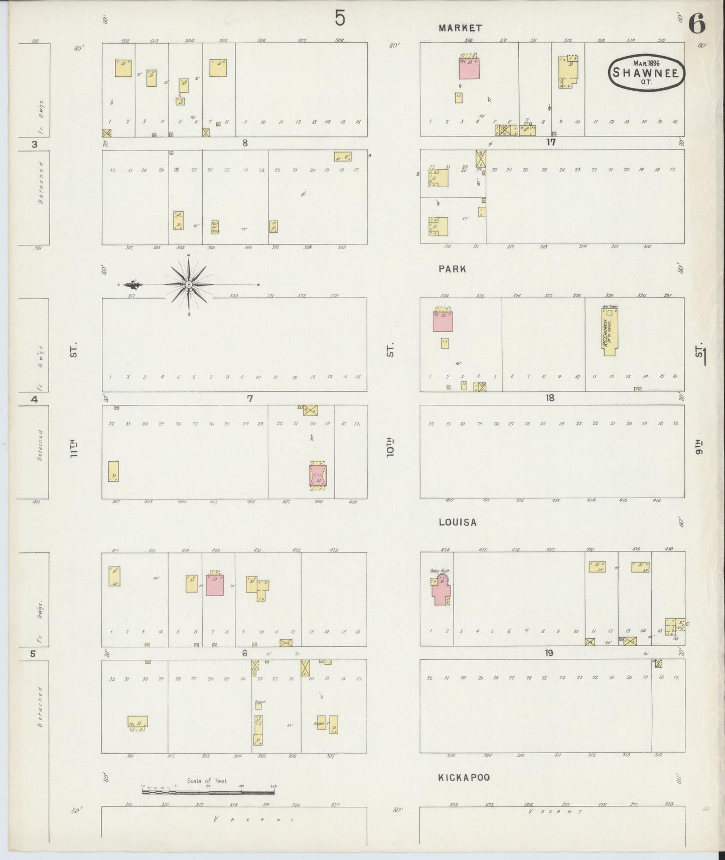 Sanborn Fire Insurance Map from Shawnee, Pottawatomie County, Oklahoma (1896), Sheet #0006 - Complete Map Set gallery image, historic Sanborn map, vintage wall art, Oklahoma Oklahoma