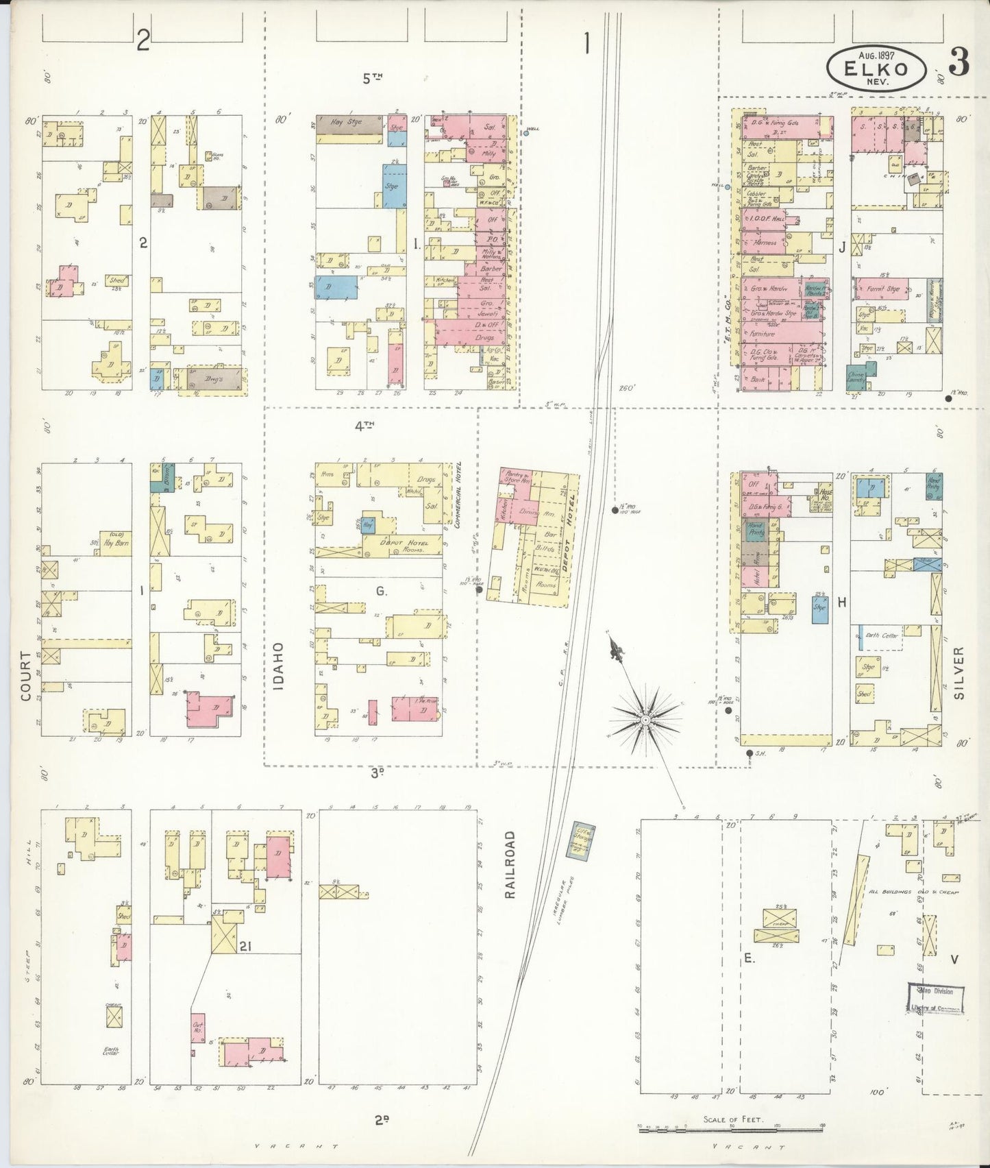 Sanborn Fire Insurance Map from Elko, Elko County, Nevada (1897), Sheet #0003 - Historic Sanborn Fire Insurance Map Print, vintage old map wall art, antique decor, genealogy gift, Nevada Nevada map