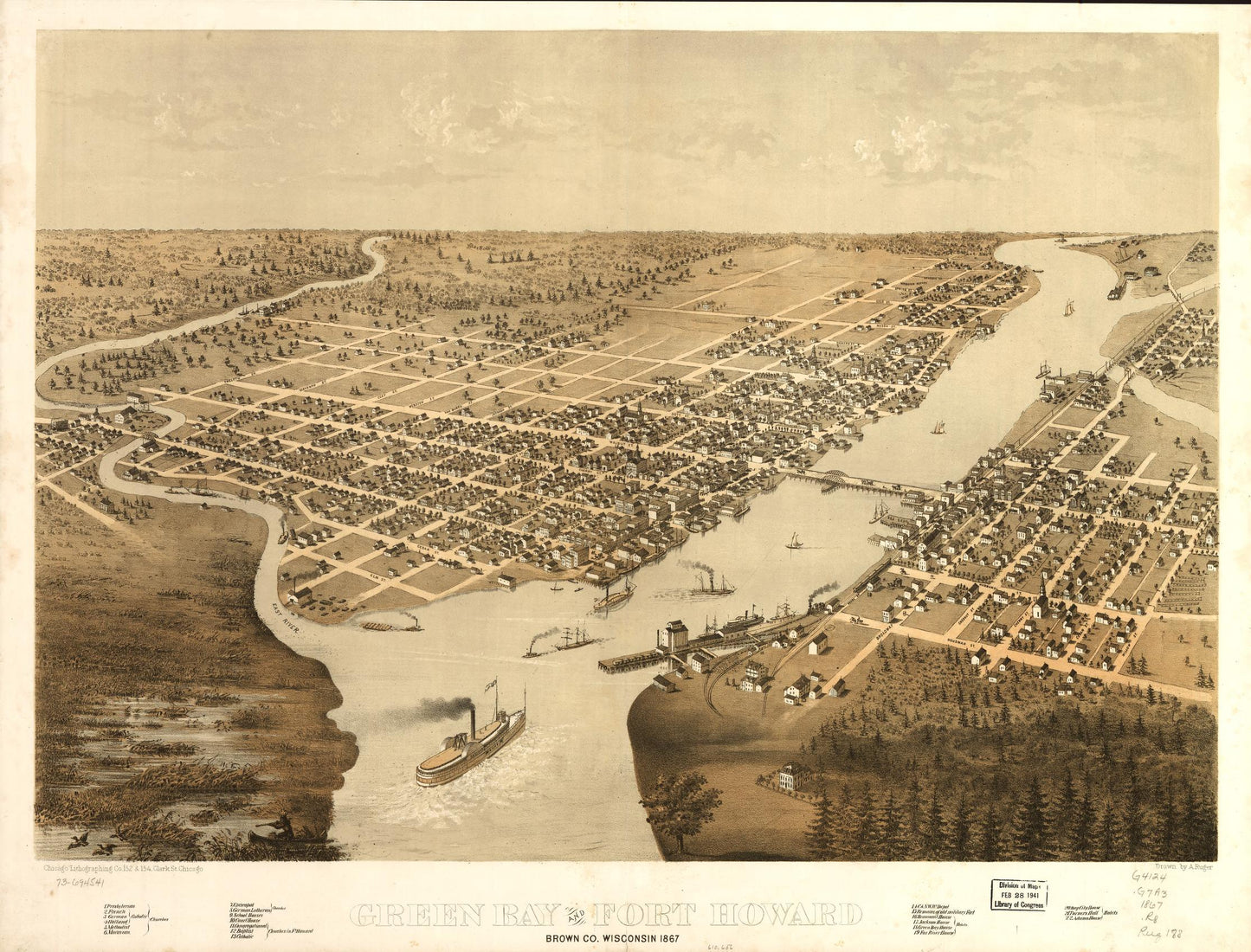 Green Bay and Fort Howard, Brown Co., Wisconsin 1867. (1867) – Historic Bird’s-Eye View Panorama Print