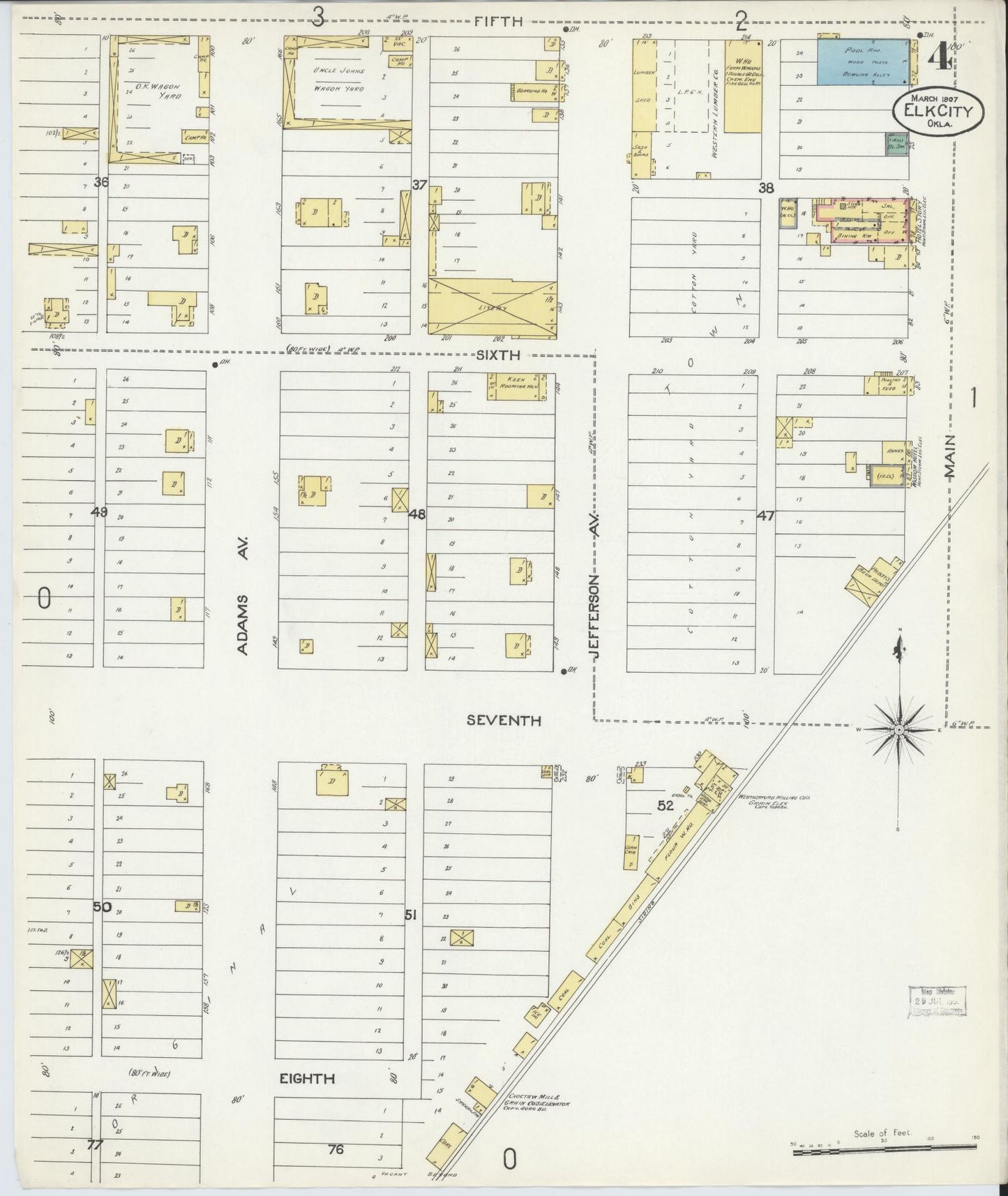 Sanborn Fire Insurance Map from Elk City, Beckham County, Oklahoma (1907), Sheet #0004 - Historic Sanborn Fire Insurance Map Print, vintage old map wall art, antique decor, genealogy gift, Oklahoma Oklahoma map