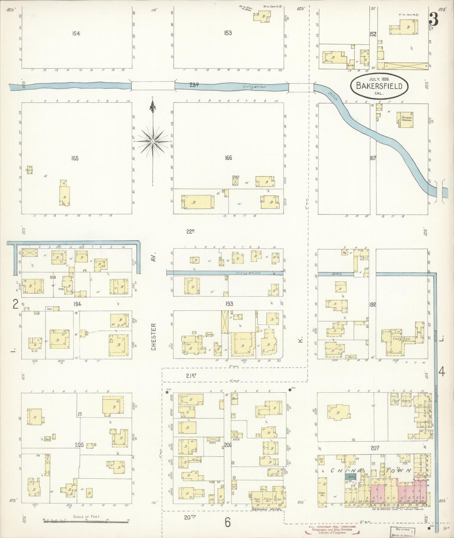 Sanborn Fire Insurance Map from Bakersfield, Kern County, California (1899), Sheet #0003 - Historic Sanborn Fire Insurance Map Print, vintage old map wall art, antique decor, genealogy gift, California California map