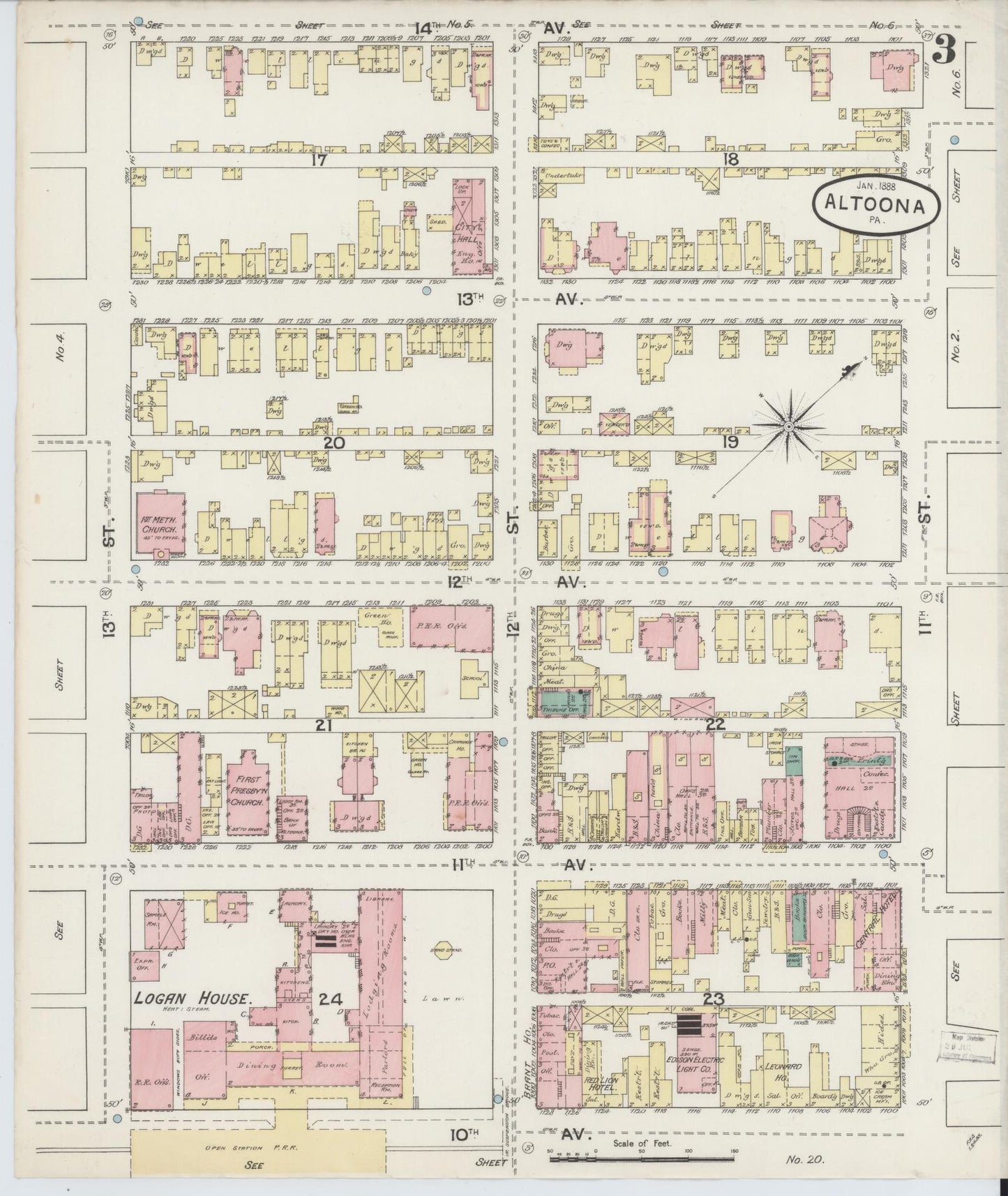 Sanborn Fire Insurance Map from Altoona, Blair County, Pennsylvania (1888), Sheet #0003 - Historic Sanborn Fire Insurance Map Print, vintage old map wall art, antique decor, genealogy gift, Pennsylvania Pennsylvania map