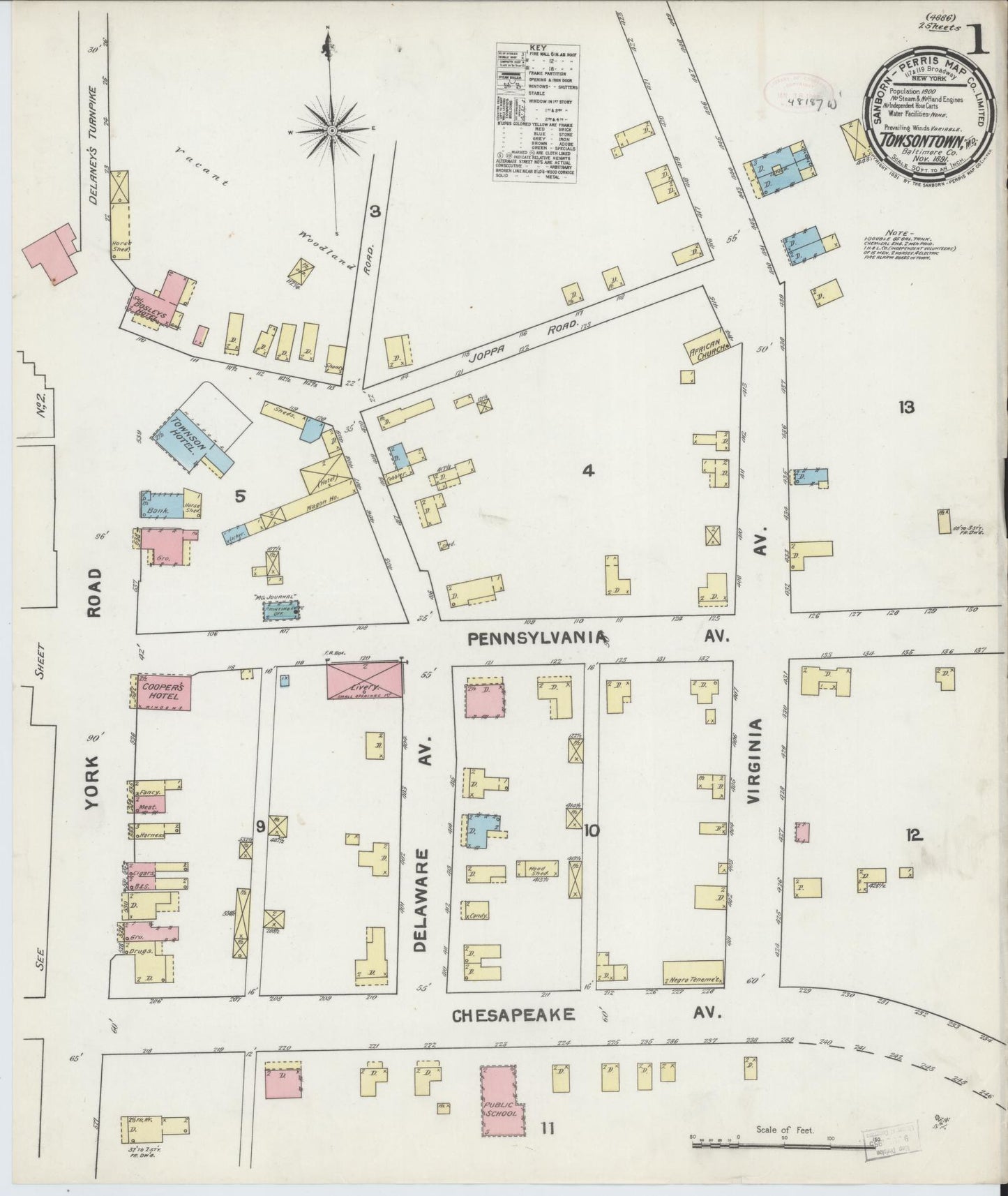 Sanborn Fire Insurance Map from Towson, Baltimore County, Maryland (1891), Sheet #0001 - Historic Sanborn Fire Insurance Map Print, vintage old map wall art