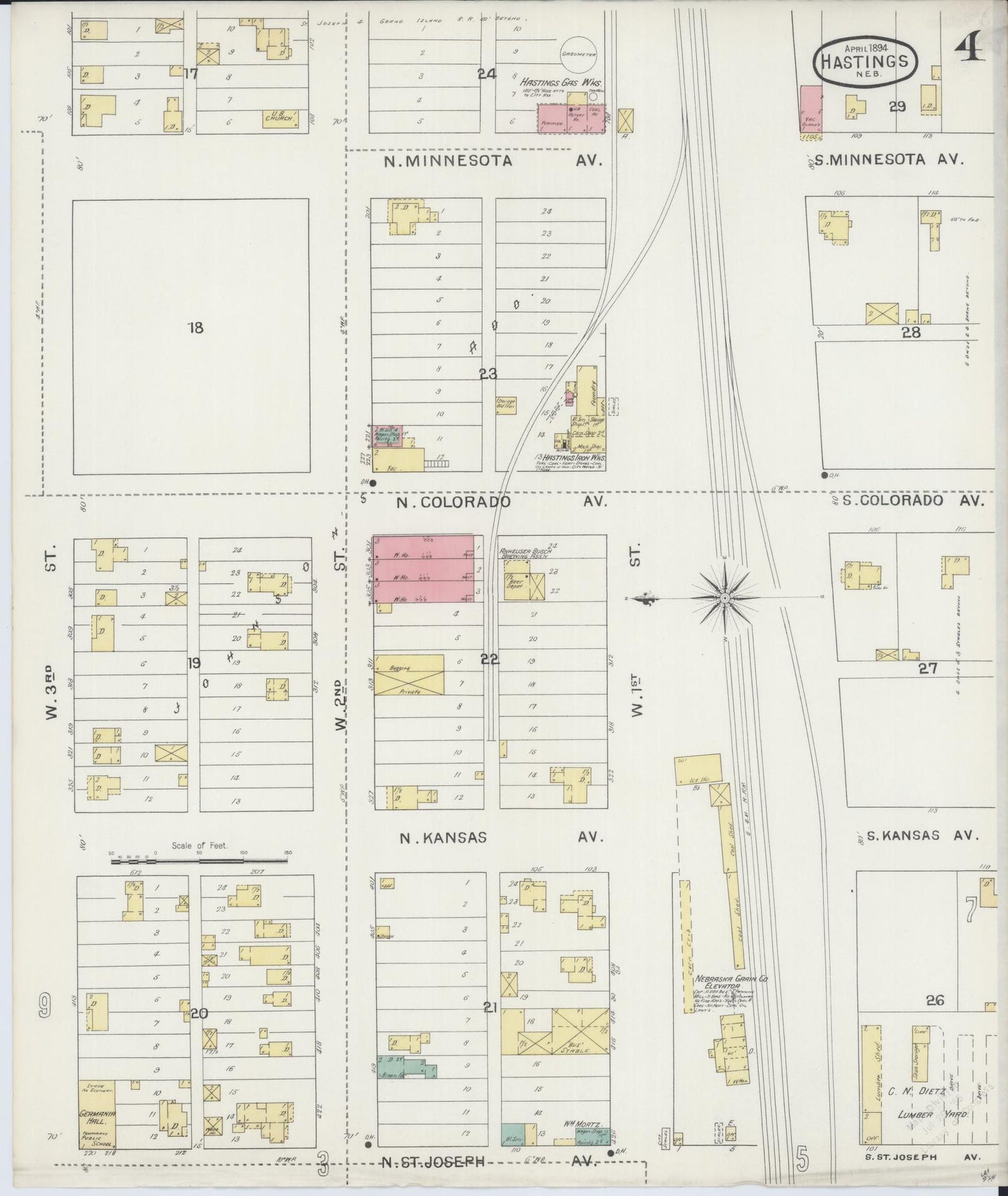 Sanborn Fire Insurance Map from Hastings, Adams County, Nebraska (1894), Sheet #0004 - Historic Sanborn Fire Insurance Map Print, vintage old map wall art, antique decor, genealogy gift, Nebraska Nebraska map