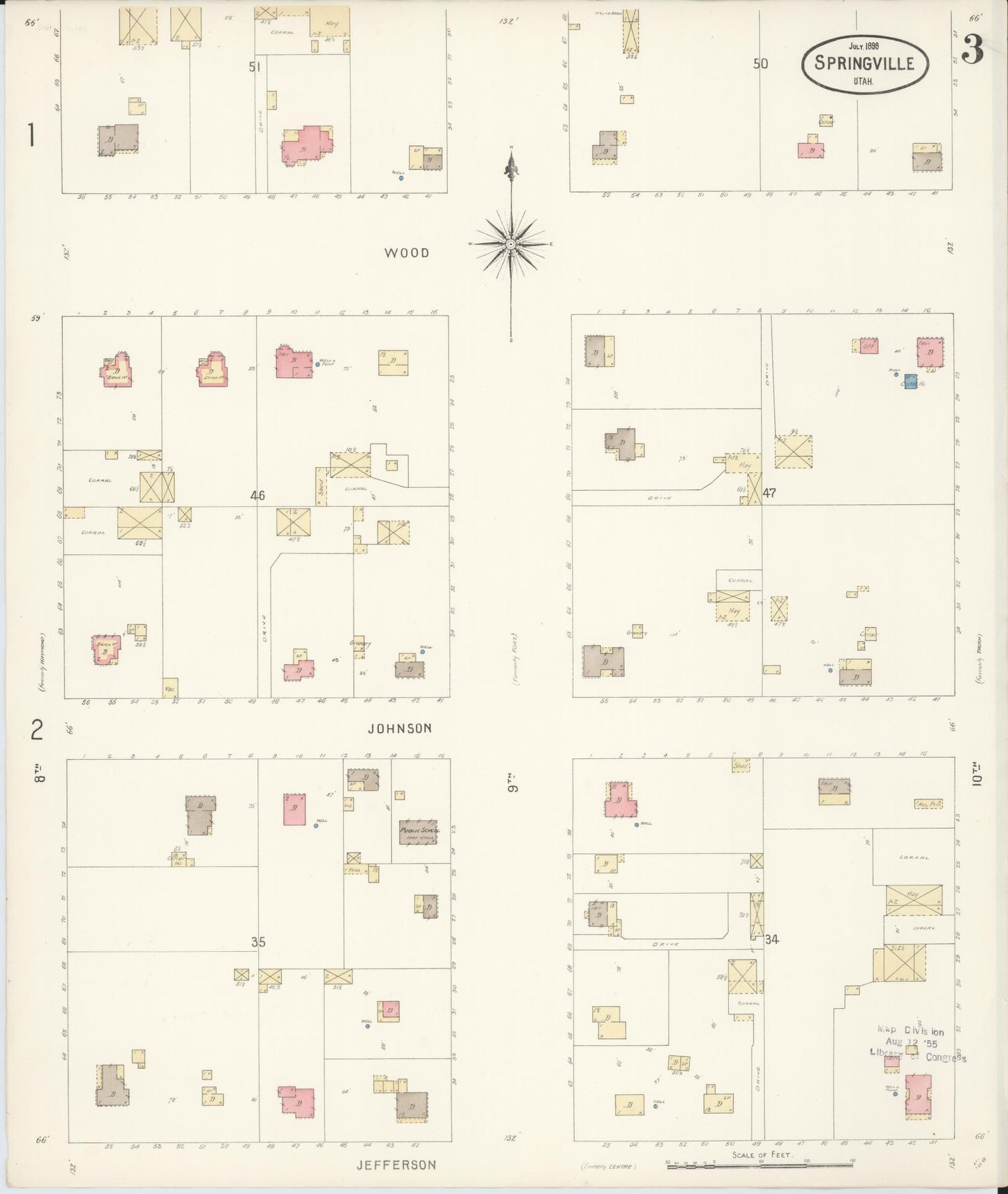Sanborn Fire Insurance Map from Springville, Utah County, Utah (1898), Sheet #0003 - Historic Sanborn Fire Insurance Map Print, vintage old map wall art, antique decor, genealogy gift, Springville Utah map