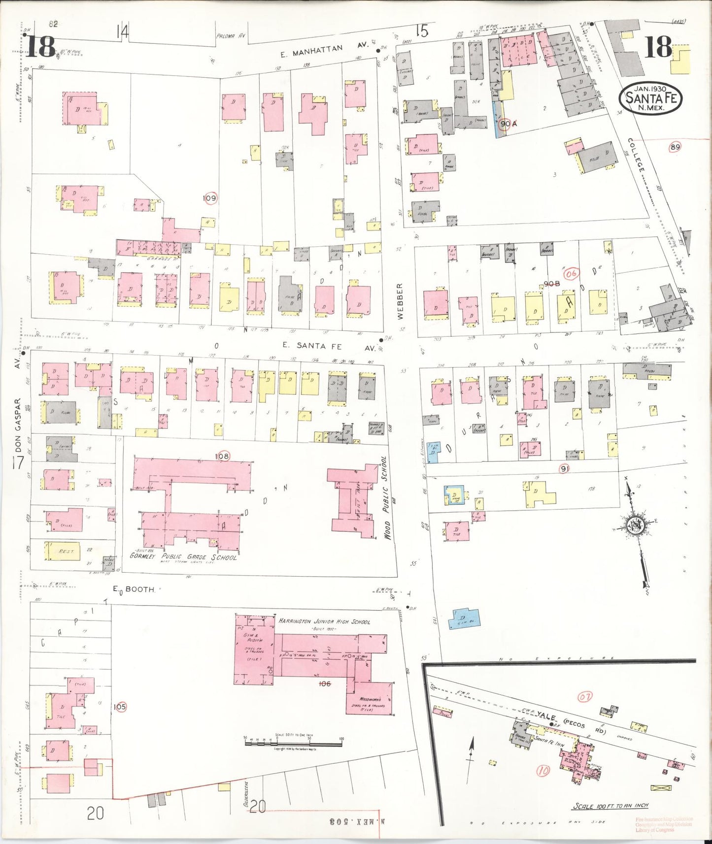 Sanborn Fire Insurance Map from Santa Fe, Santa Fe County, New Mexico (1948), Sheet #0018 - Historic Sanborn Fire Insurance Map Print, vintage old map wall art, antique decor, genealogy gift, New Mexico New Mexico map