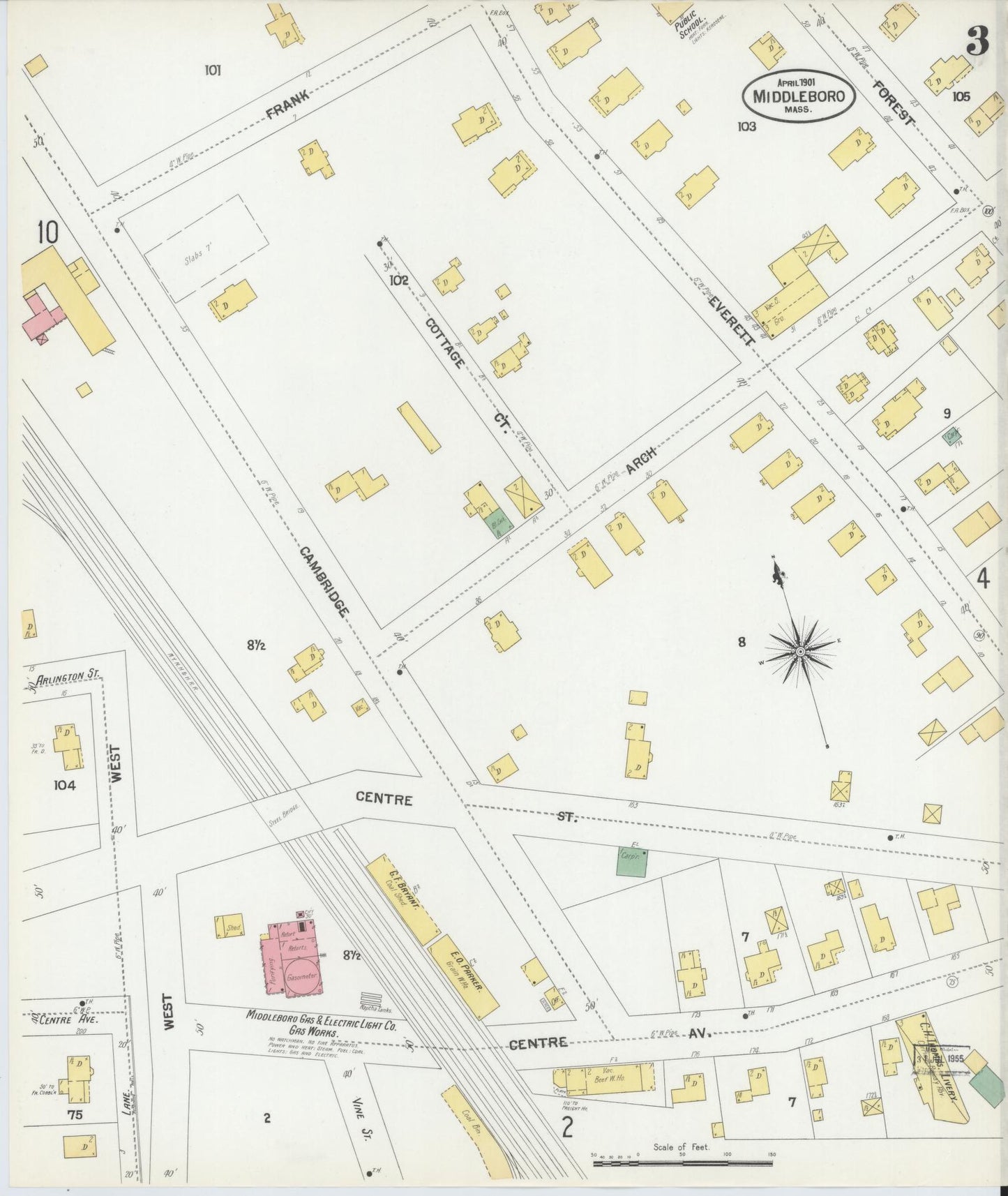 Sanborn Fire Insurance Map from Middleboro, Plymouth County, Massachusetts (1901), Sheet #0003 - Historic Sanborn Fire Insurance Map Print, vintage old map wall art, antique decor, genealogy gift, Massachusetts Massachusetts map