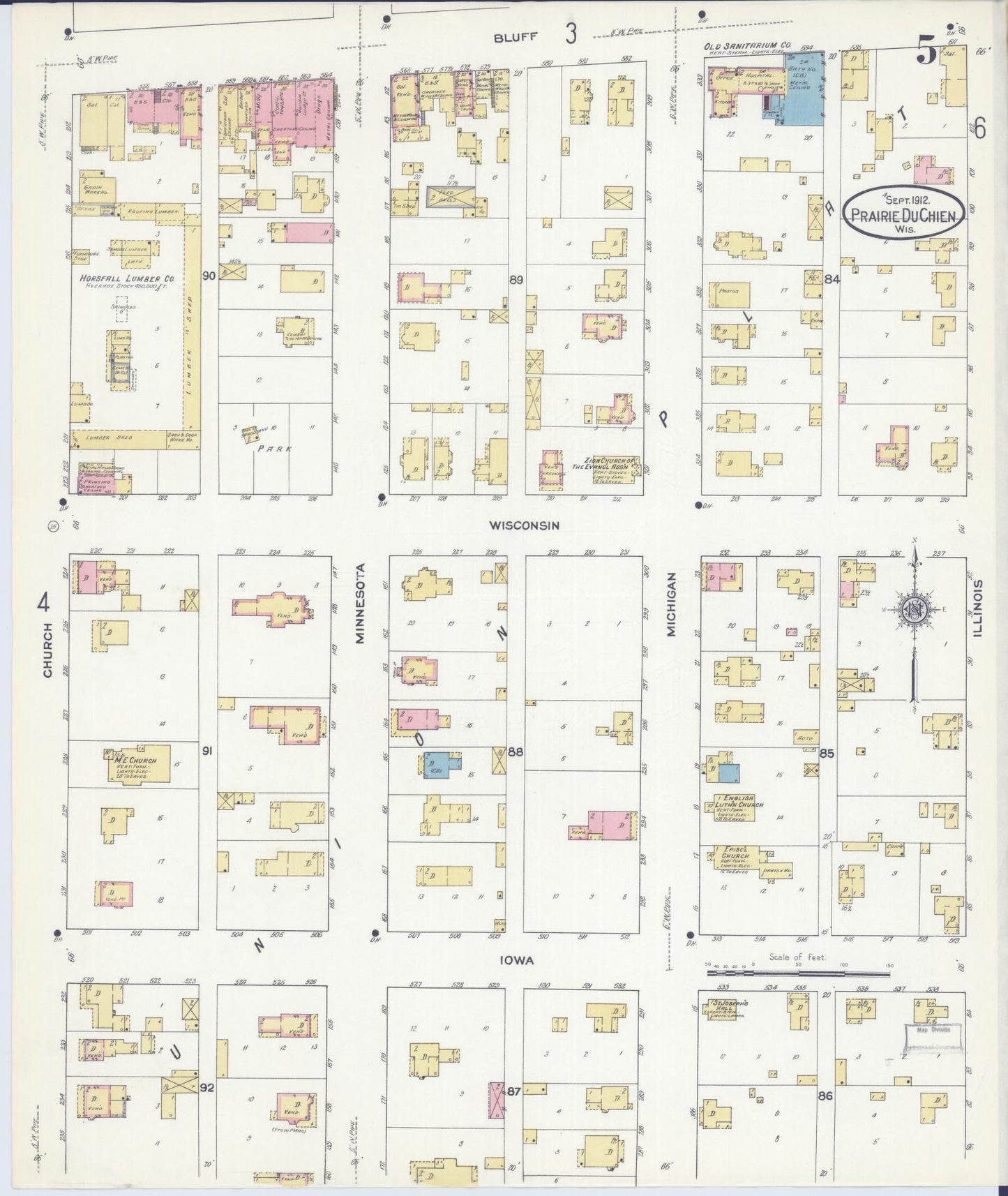 Sanborn Fire Insurance Map from Prairie du Chien, Crawford County, Wisconsin (1912), Sheet #0005 - Historic Sanborn Fire Insurance Map Print, vintage old map wall art, antique decor, genealogy gift, Wisconsin Wisconsin map