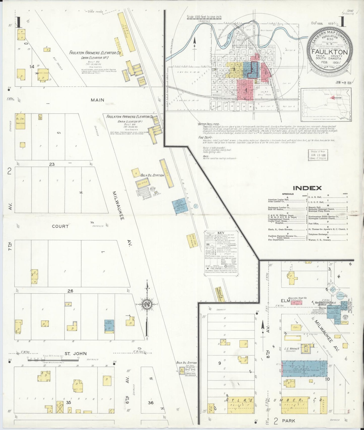 Sanborn Fire Insurance Map from Faulkton, Faulk County, South Dakota (1931), Sheet #0001 - Historic Sanborn Fire Insurance Map Print, vintage old map wall art, antique decor, genealogy gift, South Dakota South Dakota map