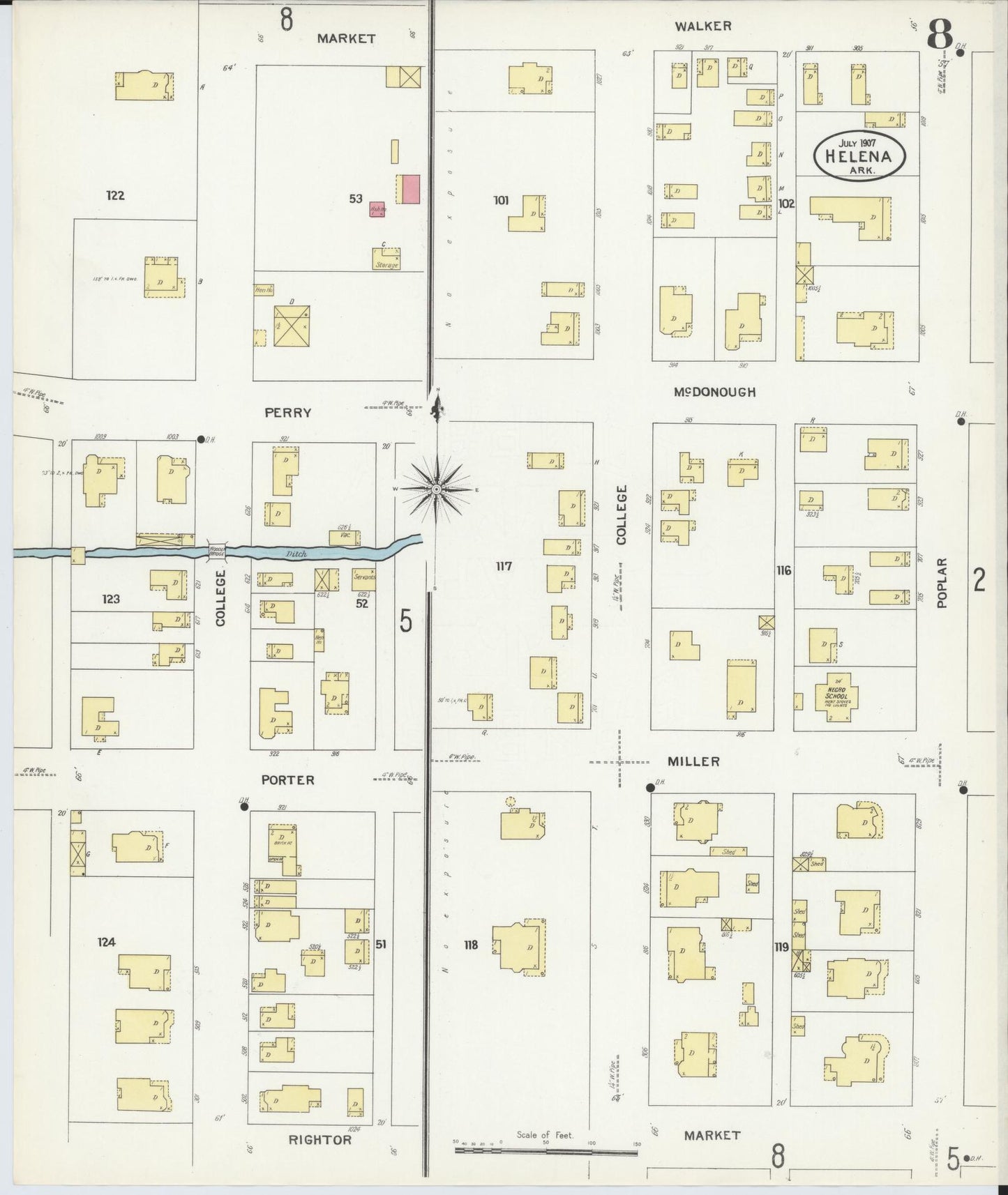 Sanborn Fire Insurance Map from Helena, Phillips County, Arkansas (1907), Sheet #0008 - Historic Sanborn Fire Insurance Map Print, vintage old map wall art, antique decor, genealogy gift, Arkansas Arkansas map
