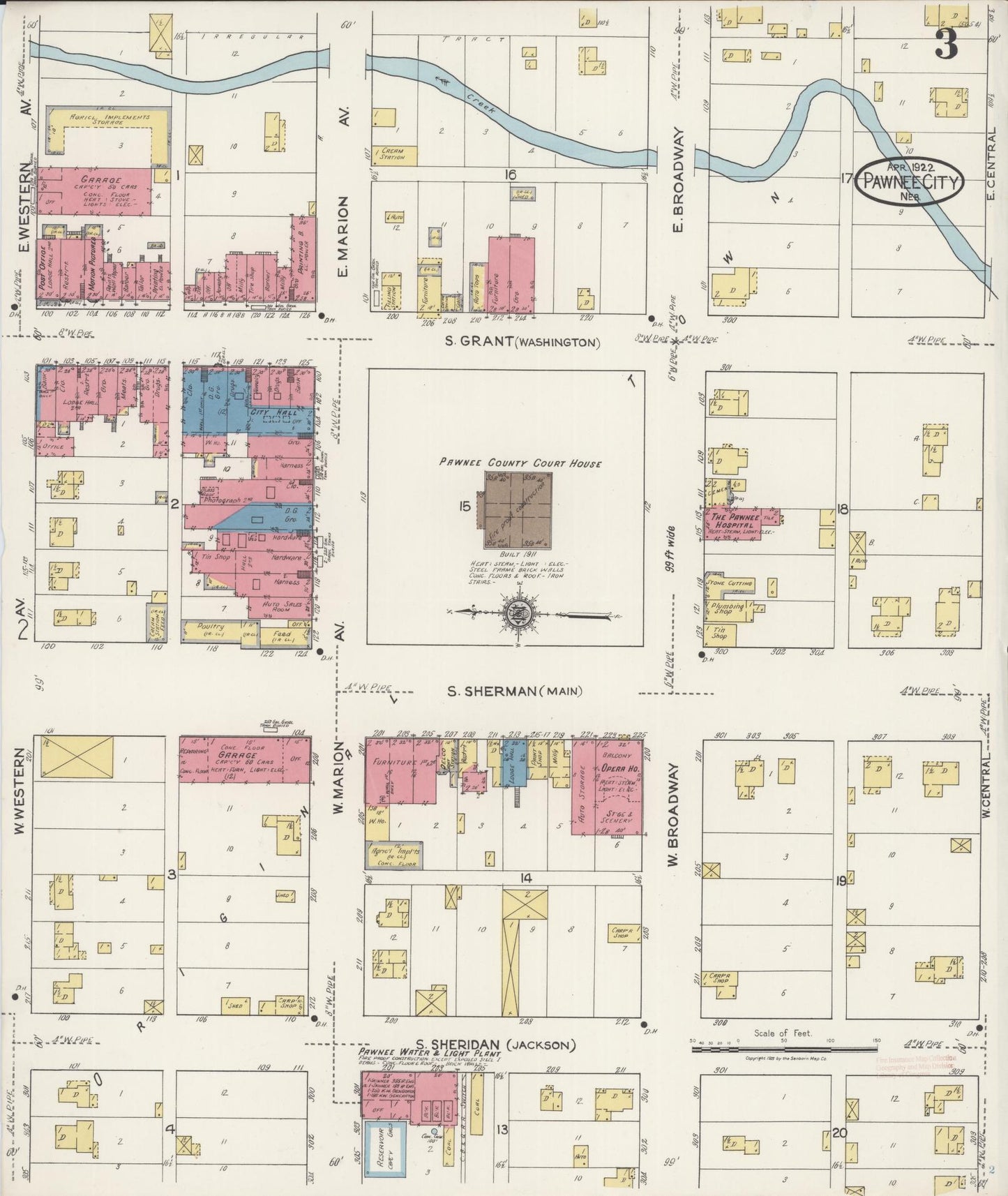 Sanborn Fire Insurance Map from Pawnee City, Pawnee County, Nebraska (1922), Sheet #0003 - Historic Sanborn Fire Insurance Map Print, vintage old map wall art, antique decor, genealogy gift, Nebraska Nebraska map