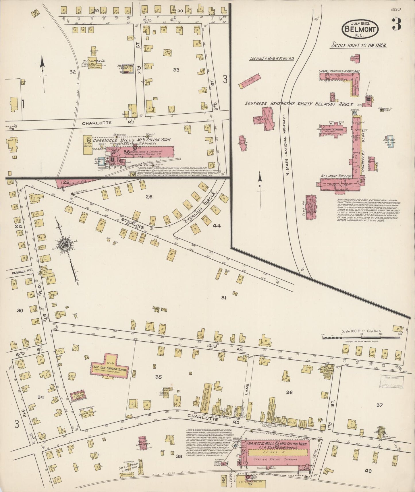 Sanborn Fire Insurance Map from Belmont, Gaston County, North Carolina (1922), Sheet #0003 - Complete Map Set gallery image, historic Sanborn map, vintage wall art, North Carolina North Carolina