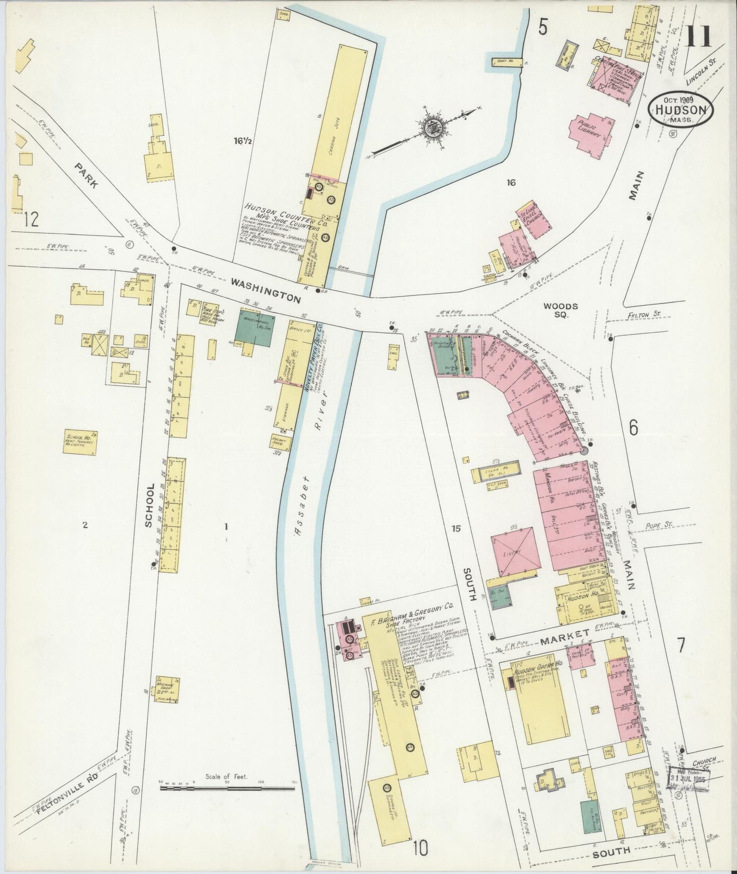 Sanborn Fire Insurance Map from Hudson, Middlesex County, Massachusetts (1909), Sheet #0011 - Historic Sanborn Fire Insurance Map Print, vintage old map wall art, antique decor, genealogy gift, Massachusetts Massachusetts map