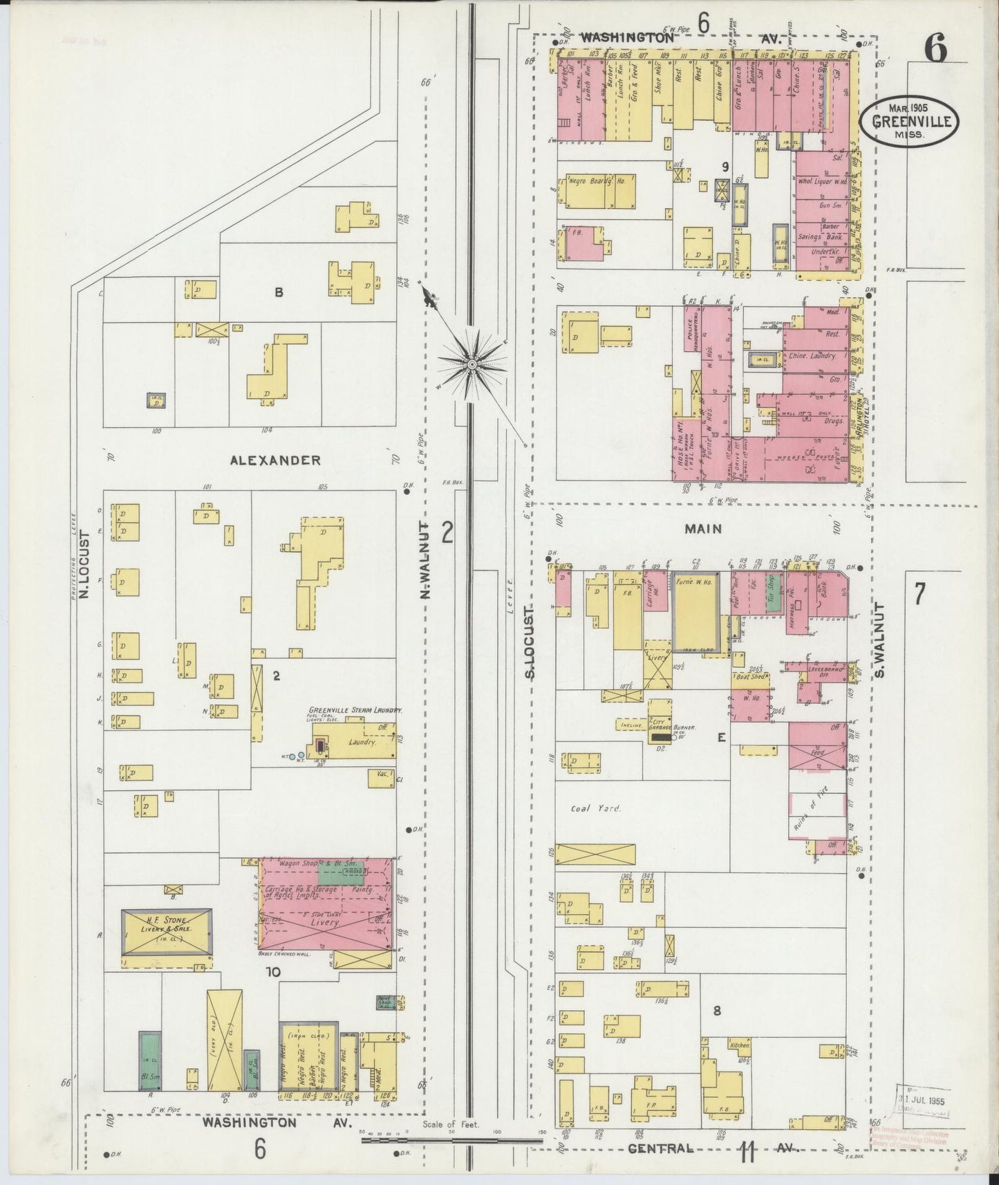 Sanborn Fire Insurance Map from Greenville, Washington County, Mississippi (1905), Sheet #0006 - Historic Sanborn Fire Insurance Map Print, vintage old map wall art, antique decor, genealogy gift, Mississippi Mississippi map